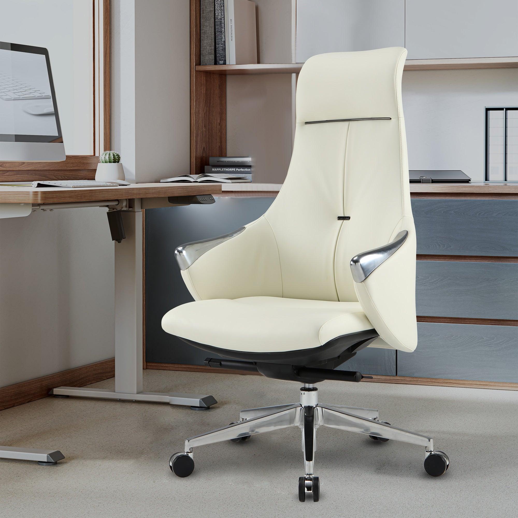 High Back Executive Chair, Ergonomic Leather Office Chair with Adjustable Height and Tilt Function and 360° Swivel Office Chair,White - Bosonshop