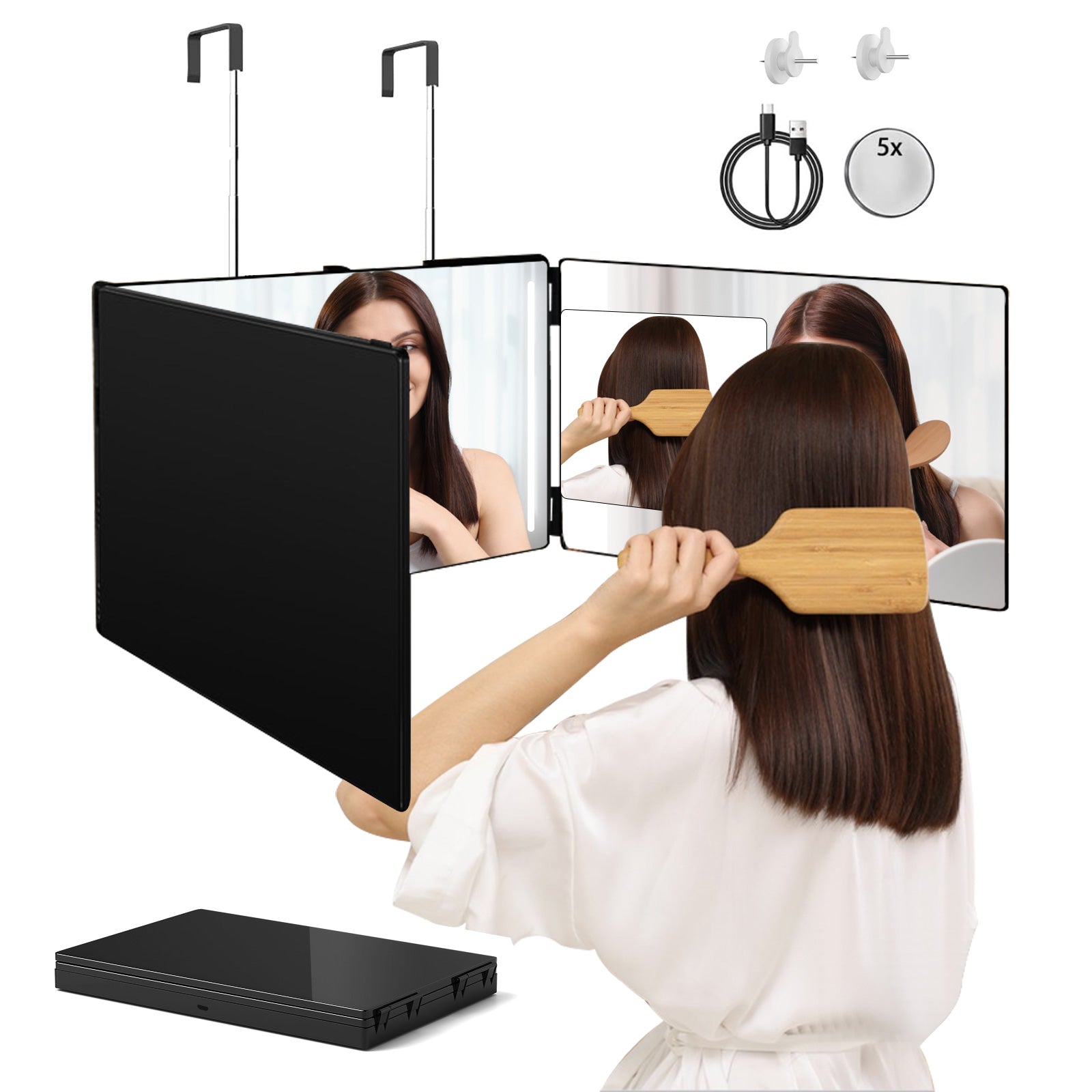 3 Way Mirror with LED Lights for Hair Cutting, 360 Degree Trifold Mirror with Height Adjustable Hooks