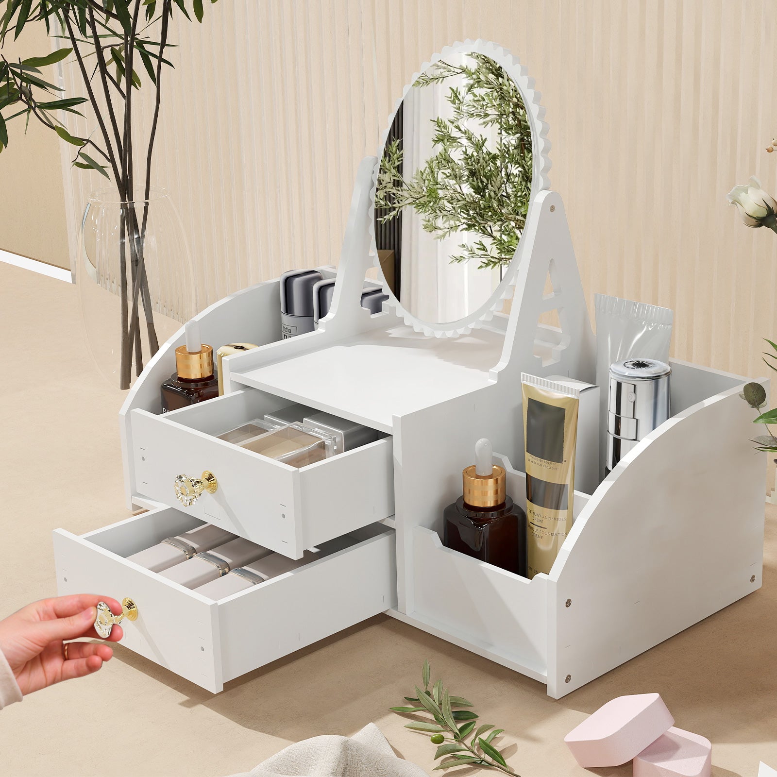 Cosmetics Storage for Vanity with Rotating Mirror, 2 Drawers and 4 Compartments Makeup Storage (Copy) - Bosonshop