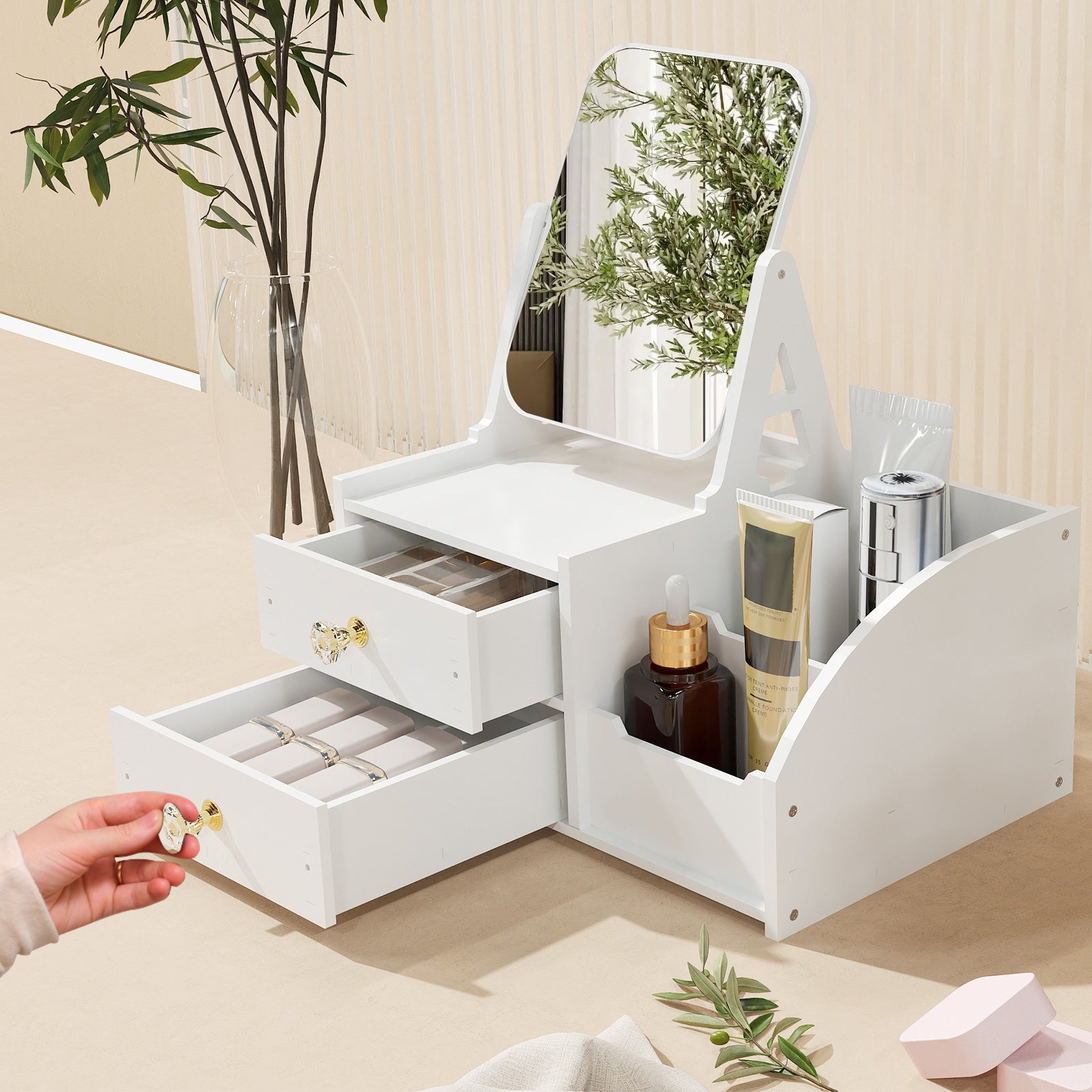 Cosmetics Storage for Vanity with Rotating Mirror, 2 Drawers and Compartment Makeup Storage - Bosonshop