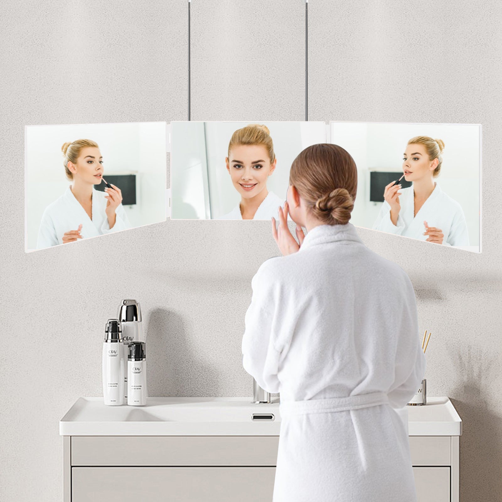 3 Way Mirror for Hair Cutting, 360 Degree Trifold Mirror with Height Adjustable Telescoping Hooks - Bosonshop