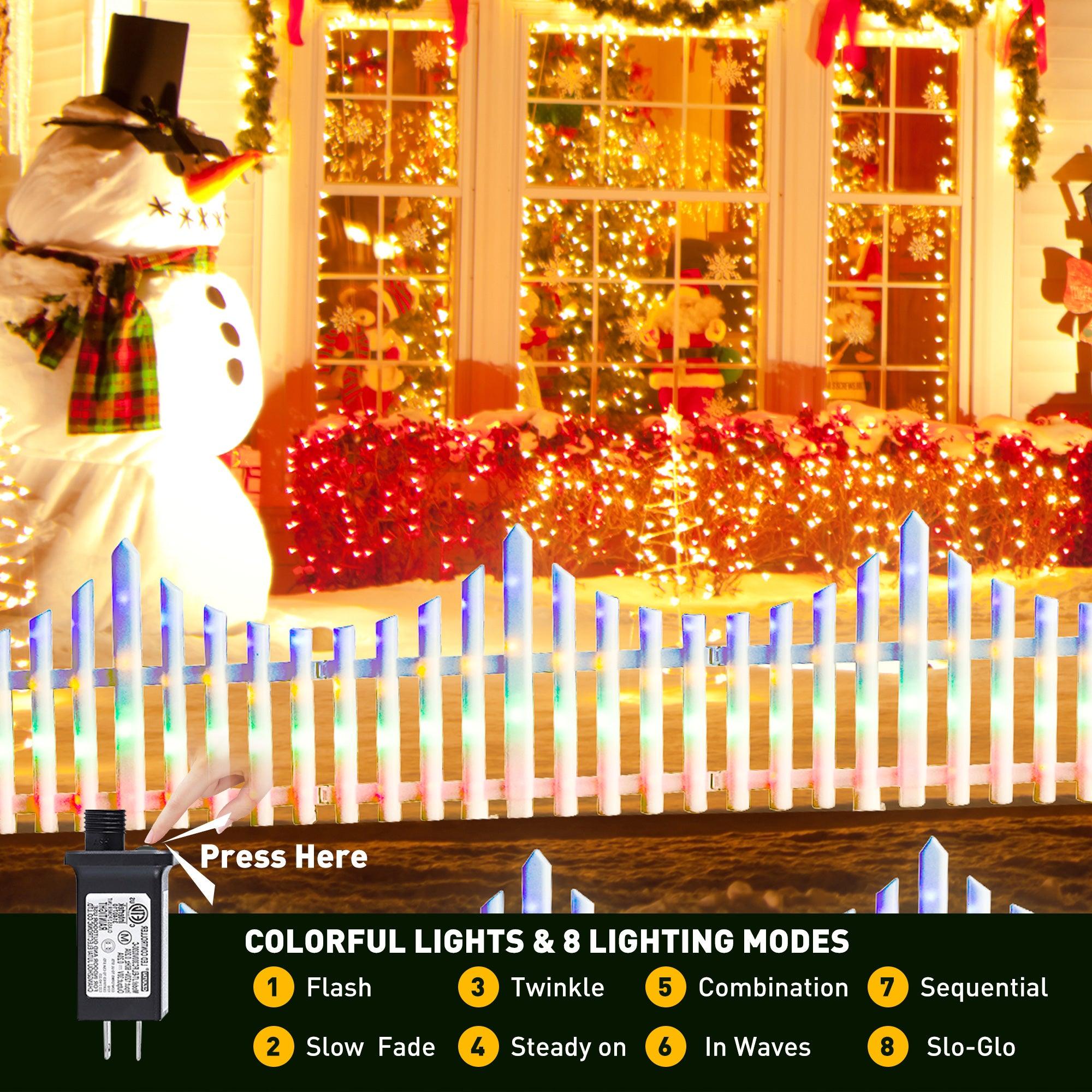 8 PCS Lighted Garden Picket Fence with 8 Inserts & Base - Plug-in LED Lights for Lawn, Patio, Path, Landscape, and Christmas Tree Decoration - Bosonshop