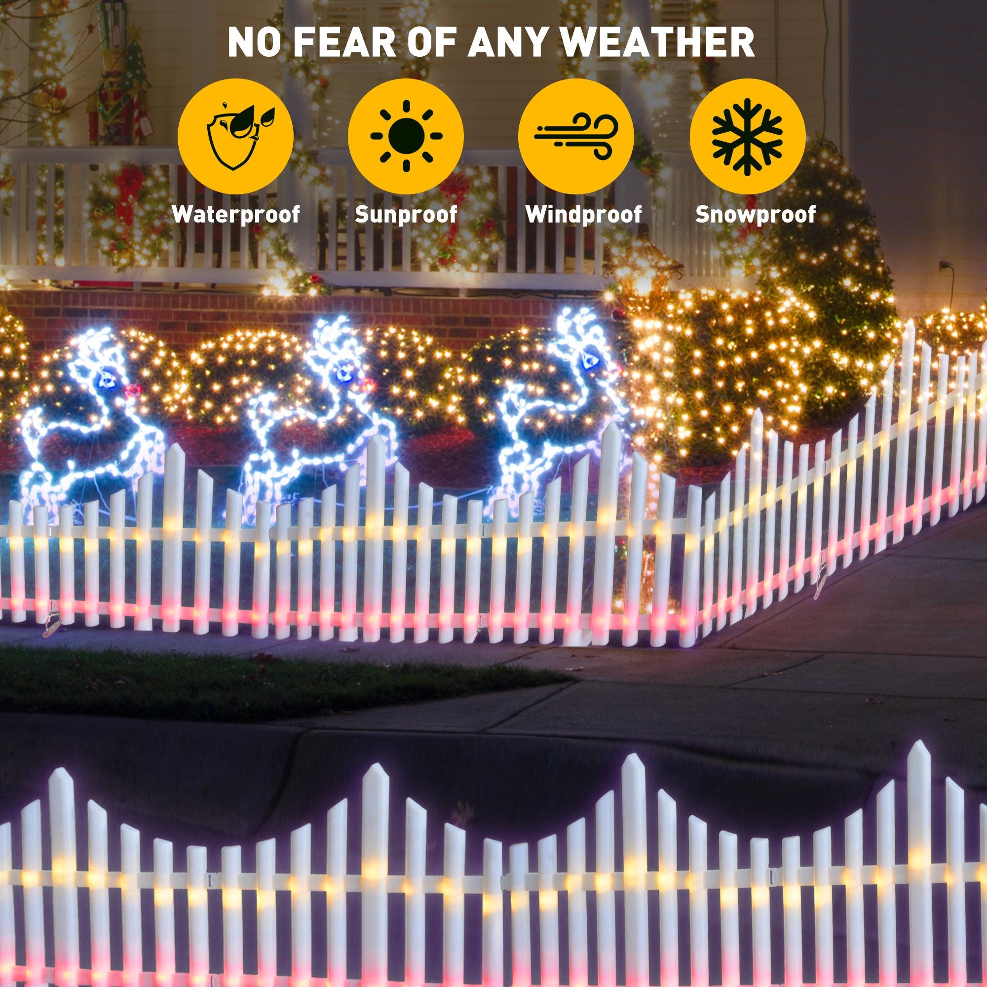 8 PCS Lighted Garden Picket Fence with 8 Inserts & Base - Plug-in LED Lights for Lawn, Patio, Path, Landscape, and Christmas Tree Decoration - Bosonshop