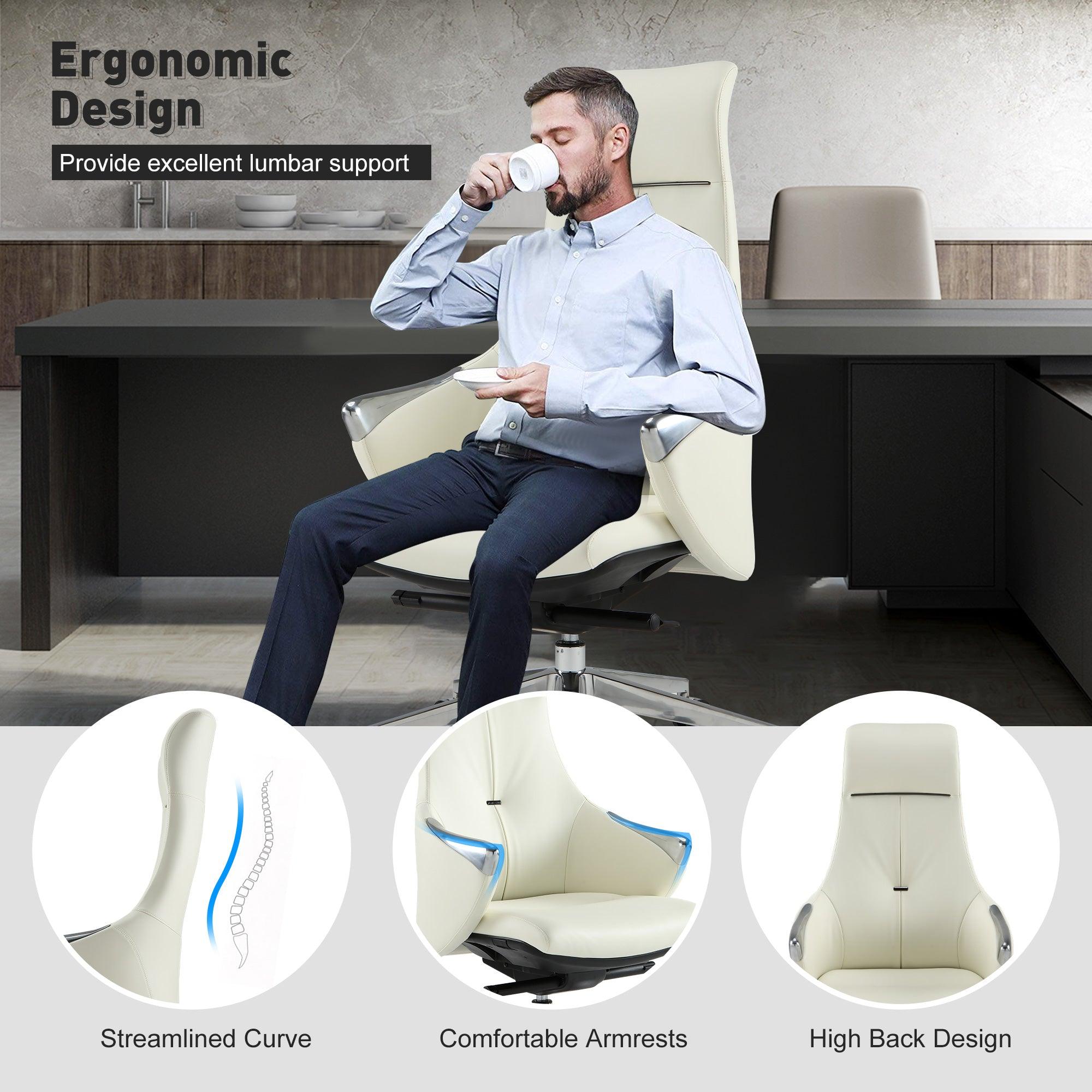 High Back Executive Chair, Ergonomic Leather Office Chair with Adjustable Height and Tilt Function and 360° Swivel Office Chair,White - Bosonshop