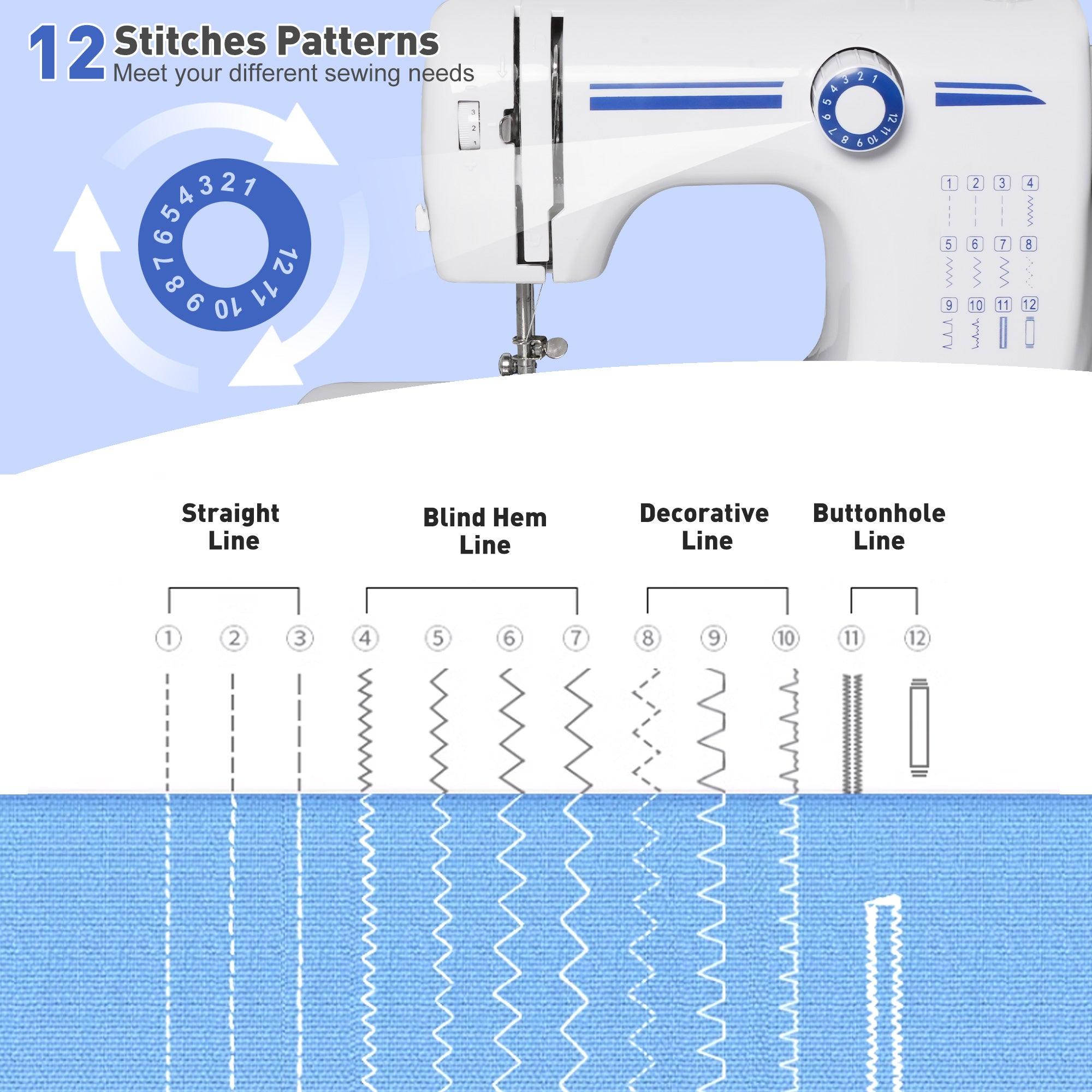 Sewing Machine Two Speed Beginner, Kids Mini Sewing Machine Reverse Sewing, 12 Stitch Pattern, Blue, White - Bosonshop