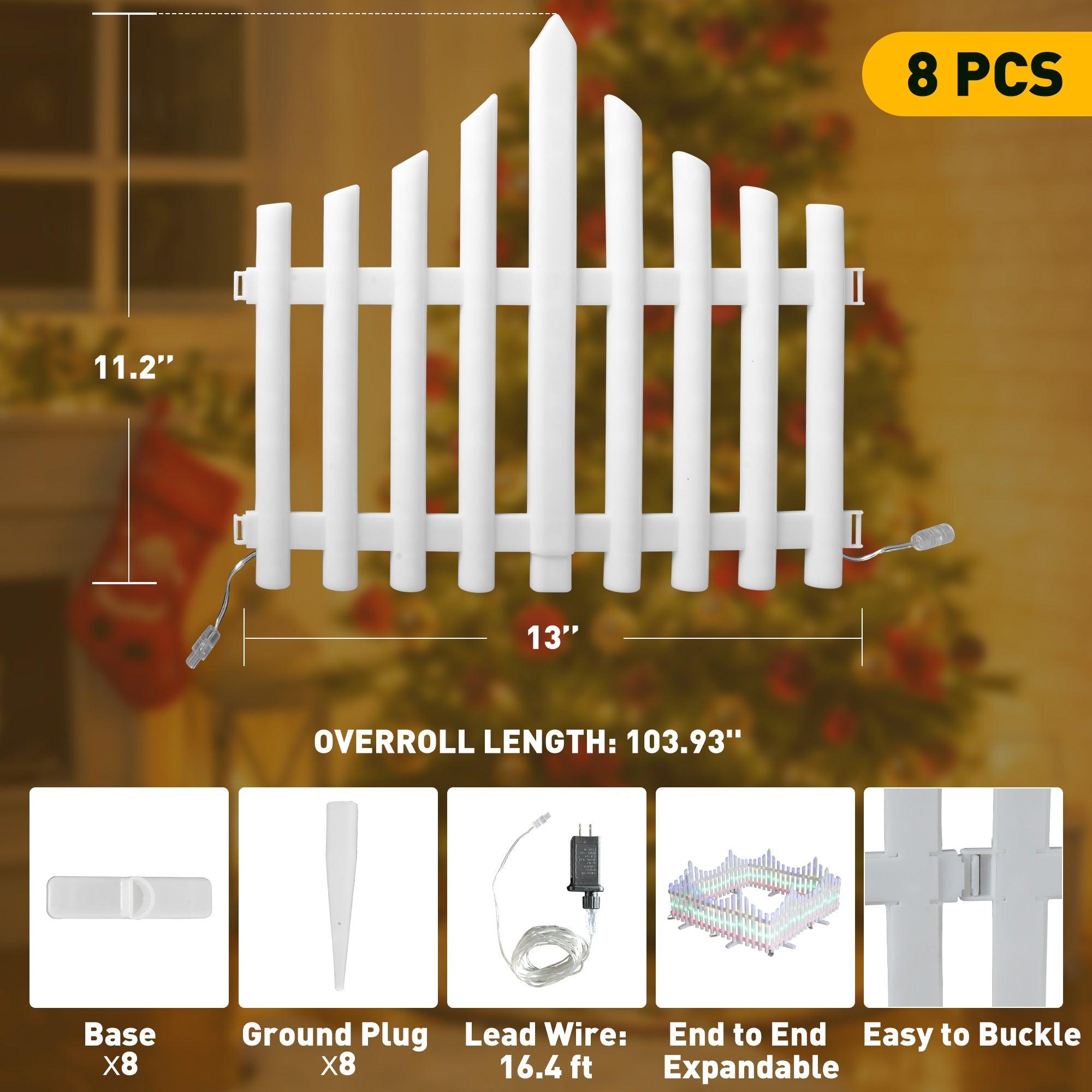 8 PCS Lighted Garden Picket Fence with 8 Inserts & Base - Plug-in LED Lights for Lawn, Patio, Path, Landscape, and Christmas Tree Decoration - Bosonshop