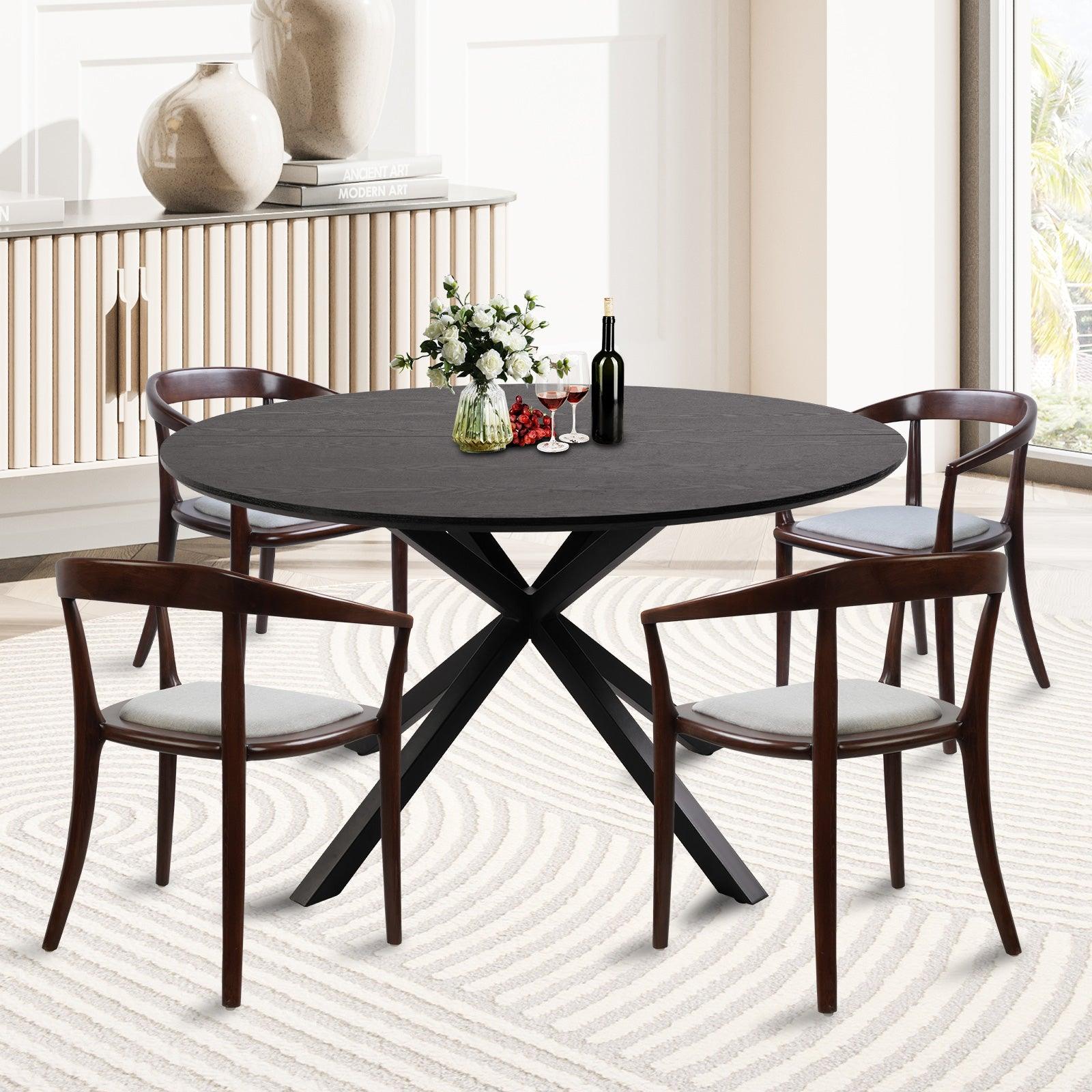 53" Mid-Century Modern Round Dining Room Table for 4-6 Person W/Solid Metal Legs, Black Wood Grain - Bosonshop