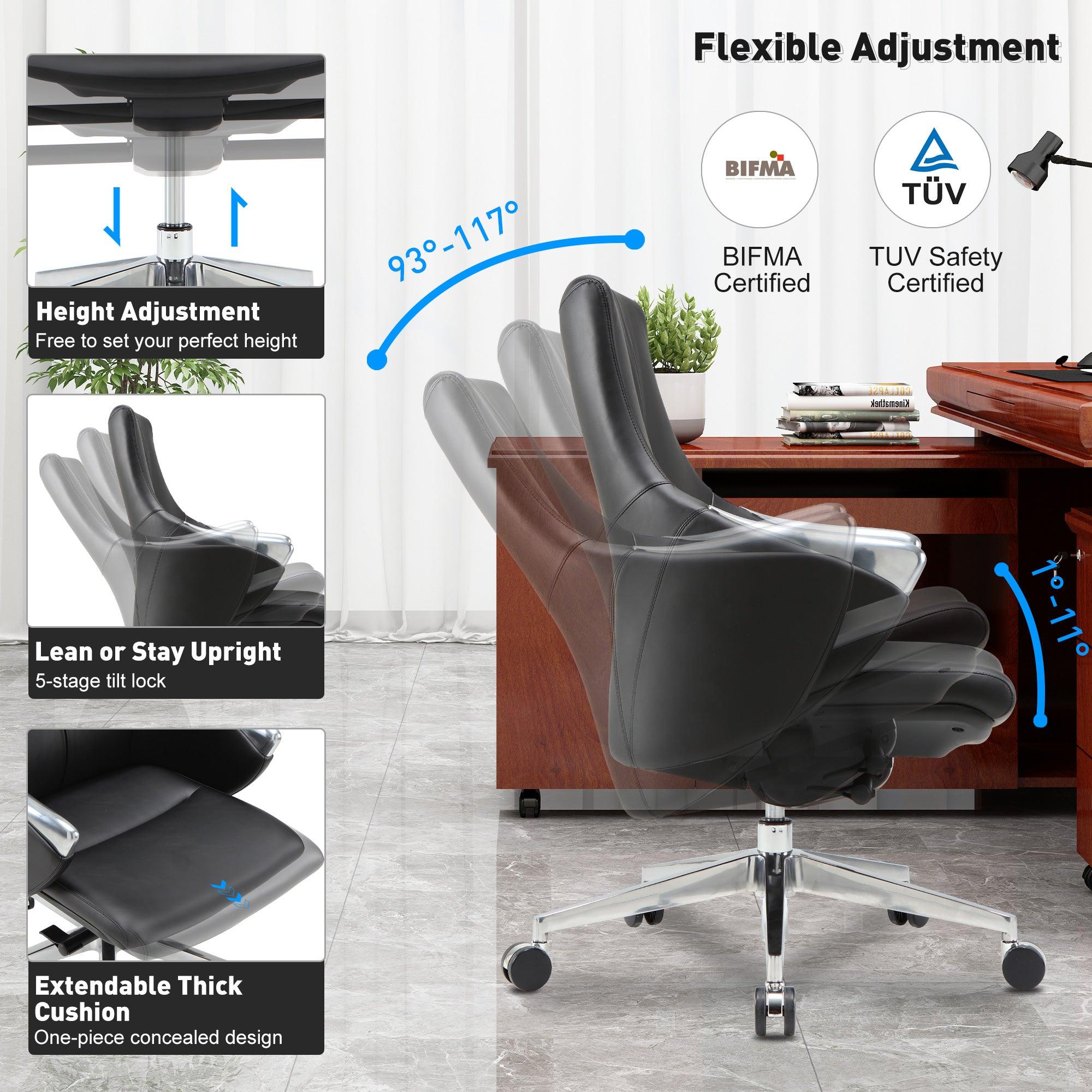 Black Executive Office Chair, Ergonomic Leather Office Chair with Adjustable Height and Tilt Function, 360° Swivel, Computer Desk Chair for Office Home Work - Bosonshop