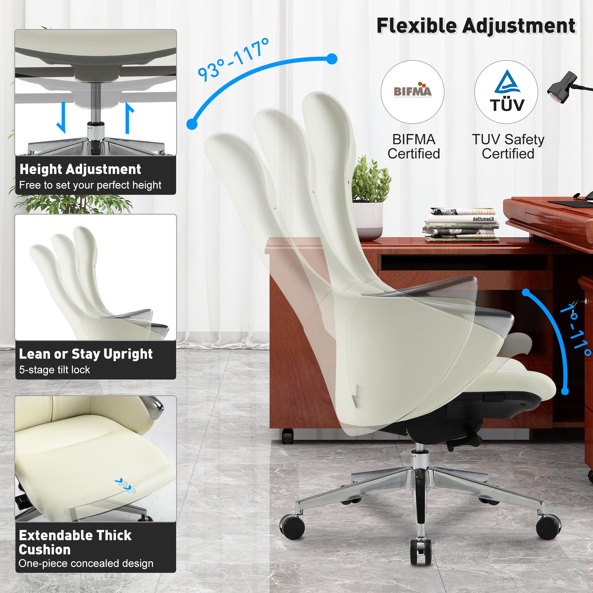 High Back Executive Chair, Ergonomic Leather Office Chair with Adjustable Height and Tilt Function and 360° Swivel Office Chair,White - Bosonshop