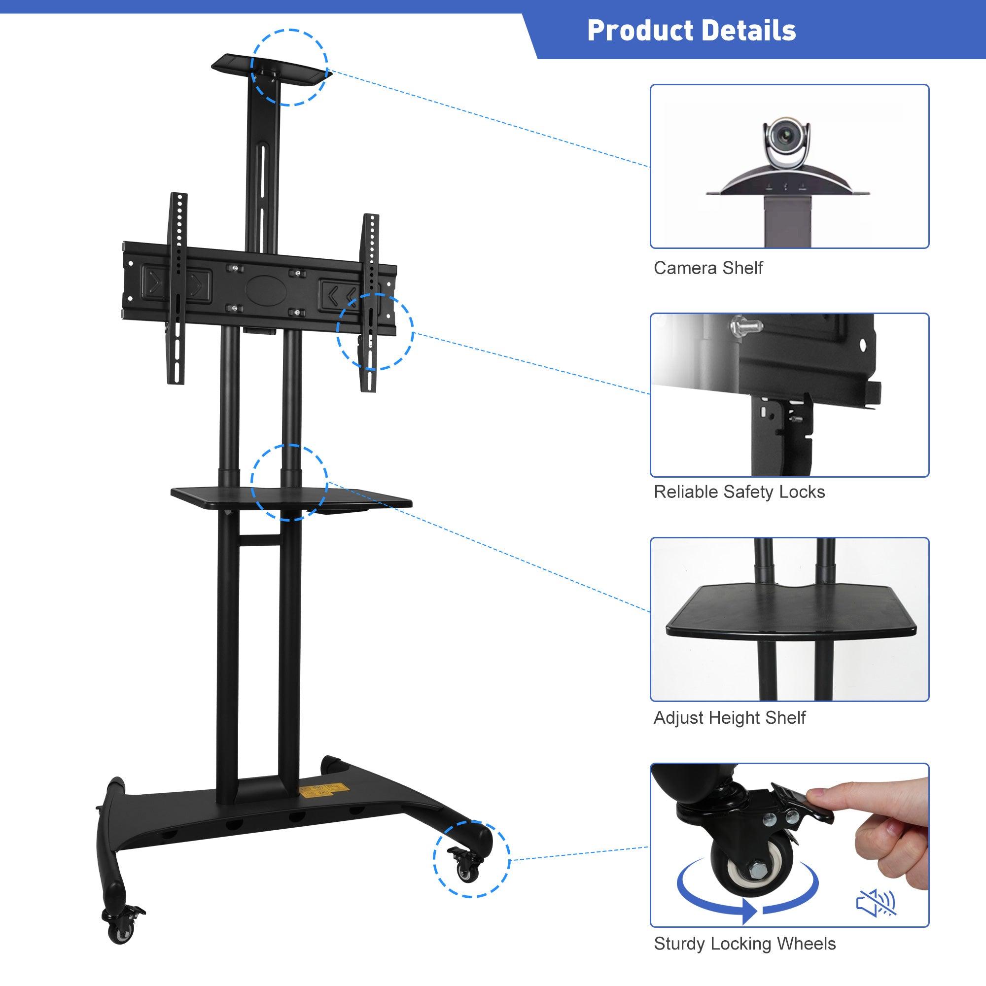 Portable Mobile TV Stand with Wheels for 32-70 Inch Flat Screen TVs - Tall TV Cart with Adjustable Height AV/Camera Shelf, Supports Up to 100lbs, Max VESA 600x400mm - Bosonshop