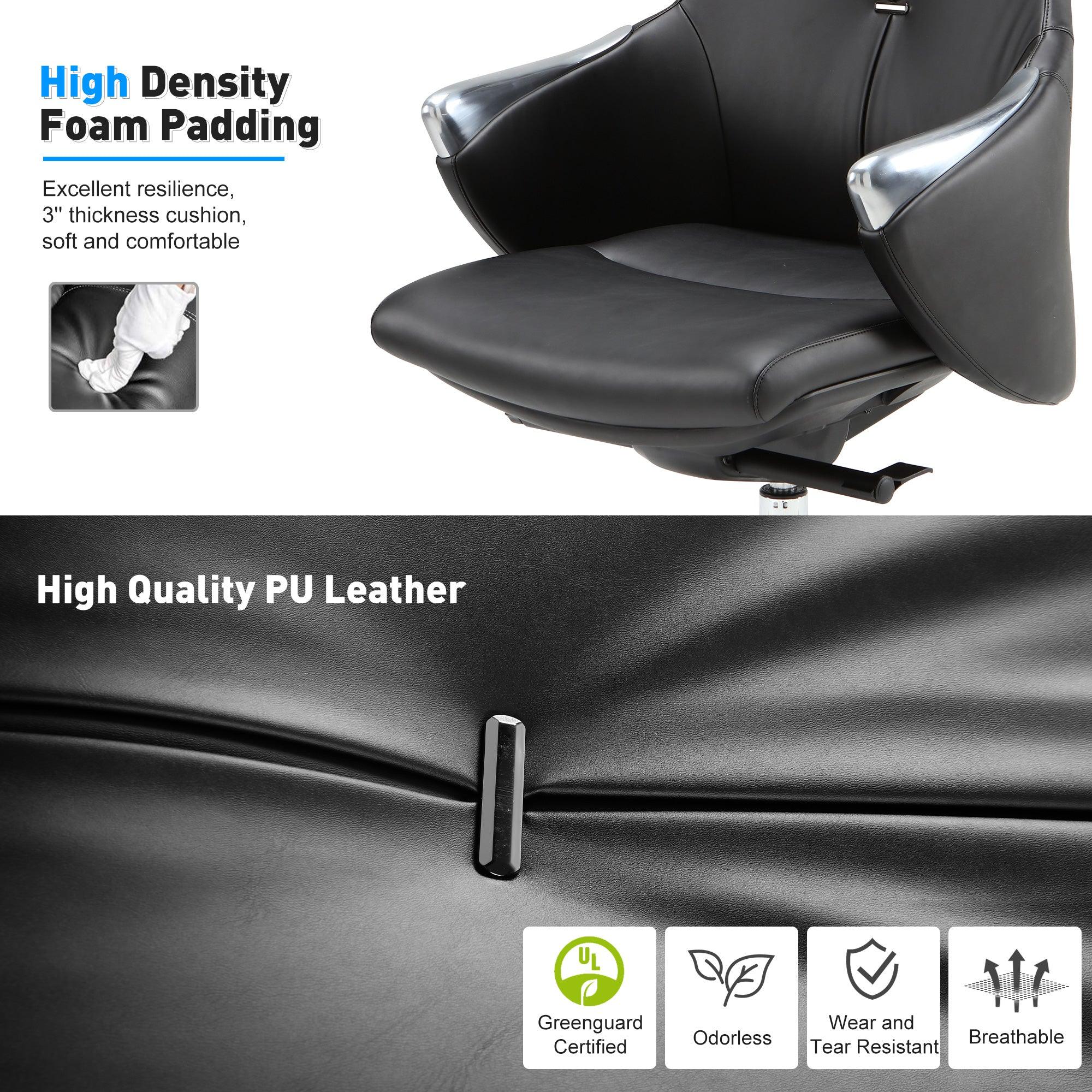 Black Executive Office Chair, Ergonomic Leather Office Chair with Adjustable Height and Tilt Function, 360° Swivel, Computer Desk Chair for Office Home Work - Bosonshop