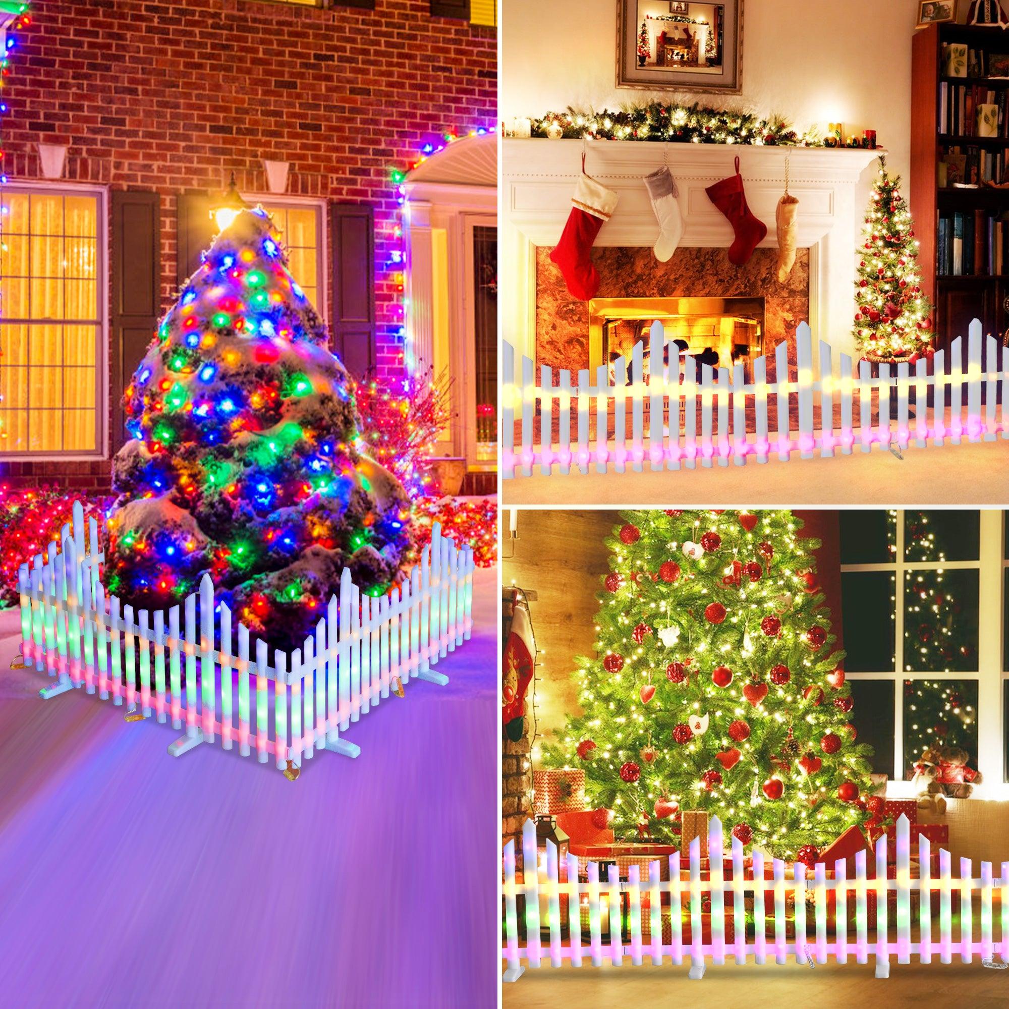 8 PCS Lighted Garden Picket Fence with 8 Inserts & Base - Plug-in LED Lights for Lawn, Patio, Path, Landscape, and Christmas Tree Decoration - Bosonshop