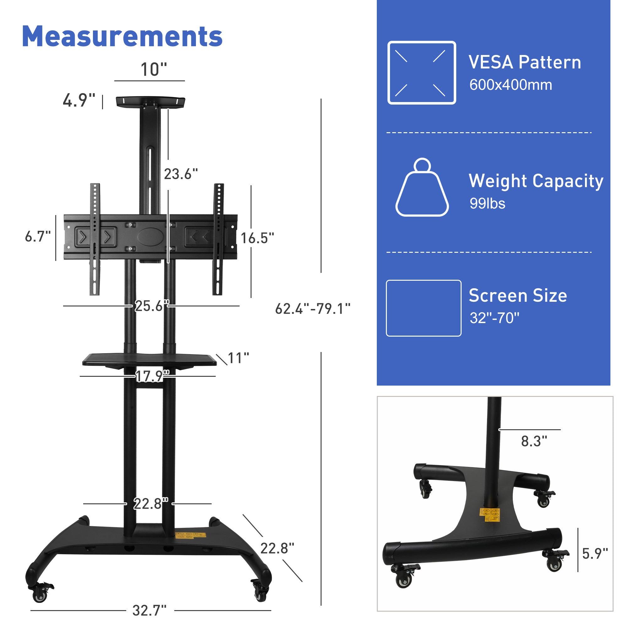 Portable Mobile TV Stand with Wheels for 32-70 Inch Flat Screen TVs - Tall TV Cart with Adjustable Height AV/Camera Shelf, Supports Up to 100lbs, Max VESA 600x400mm - Bosonshop