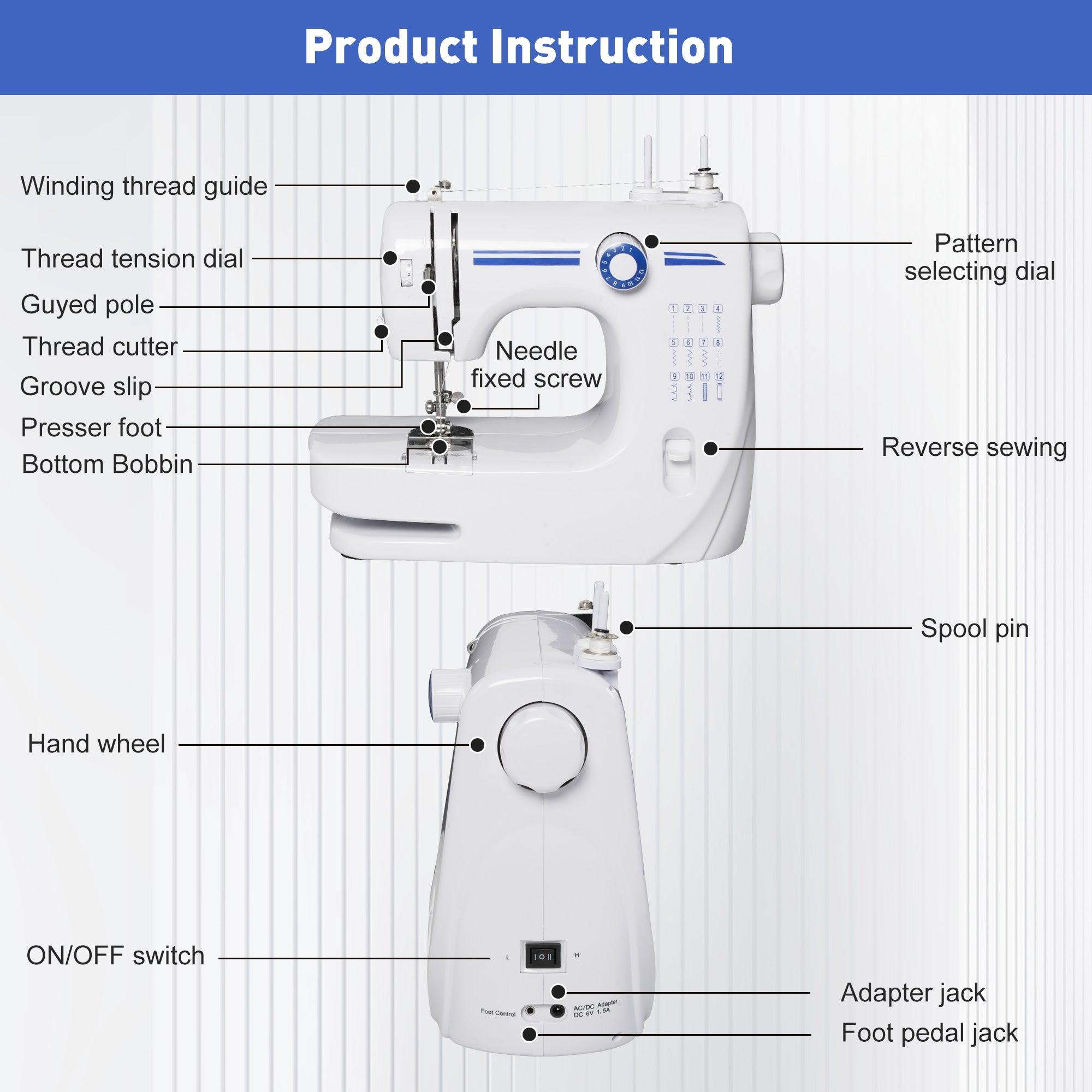 Sewing Machine Two Speed Beginner, Kids Mini Sewing Machine Reverse Sewing, 12 Stitch Pattern, Blue, White - Bosonshop