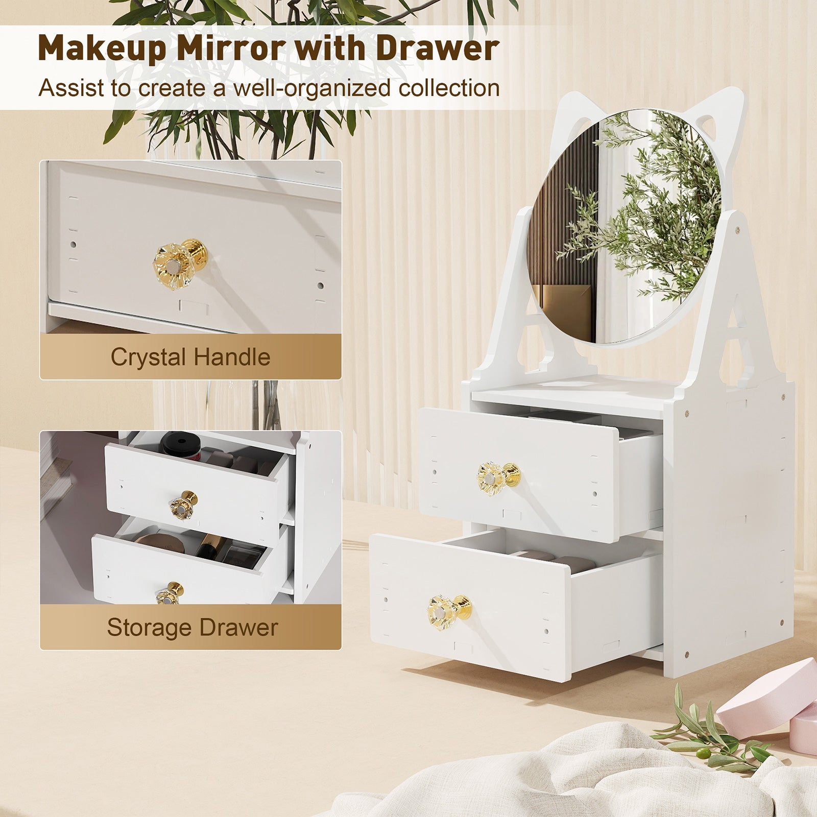 Cosmetics Storage for Vanity with Round Rotating Mirror, 2 Drawers Desktop Makeup Storage - Bosonshop