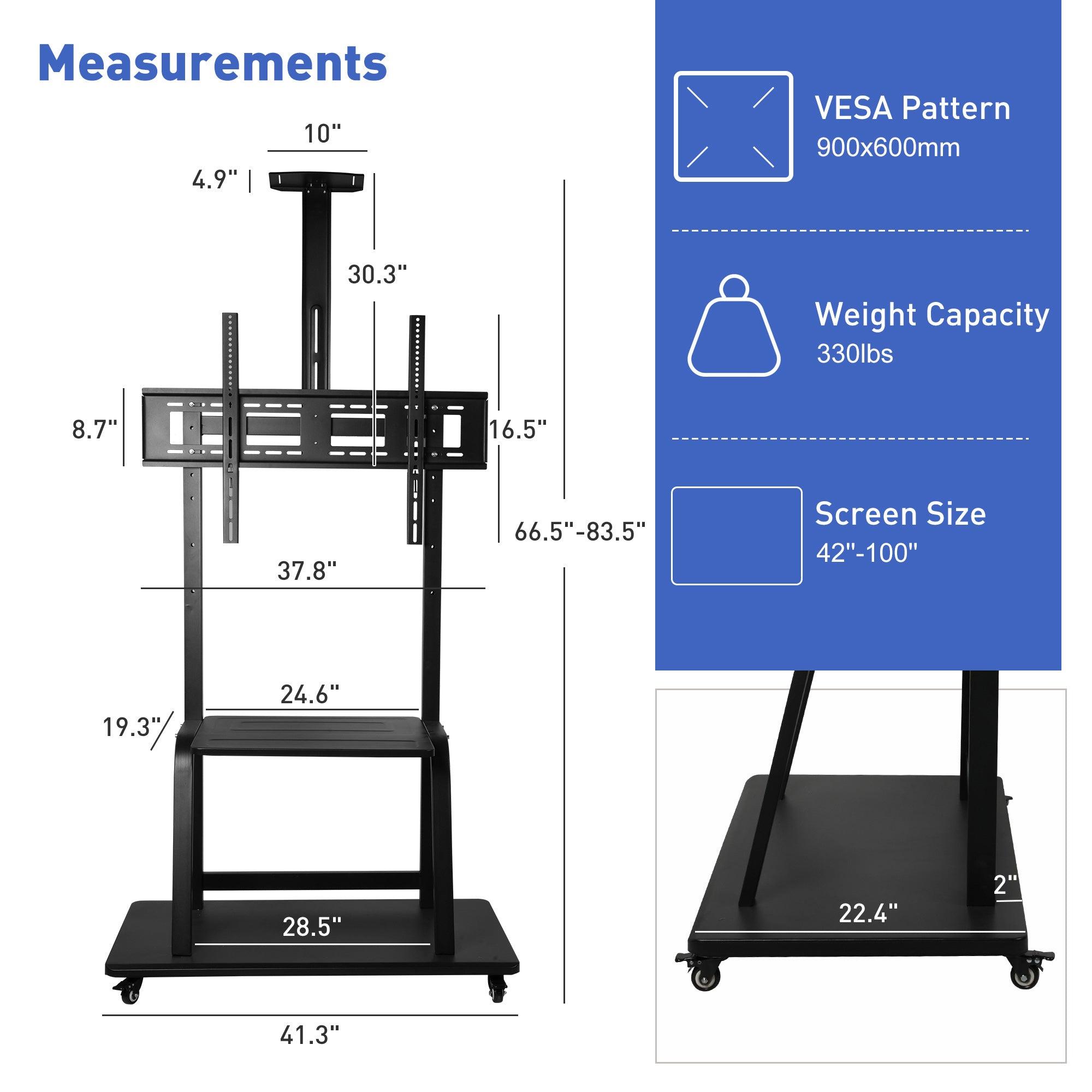 Mobile TV Stand with Wheels for 42-100 Inch Flat Screen TVs - Portable Tall TV Cart with Adjustable Height, Camera Shelf, Holds Up to 330lbs, Max VESA 900x600mm - Bosonshop