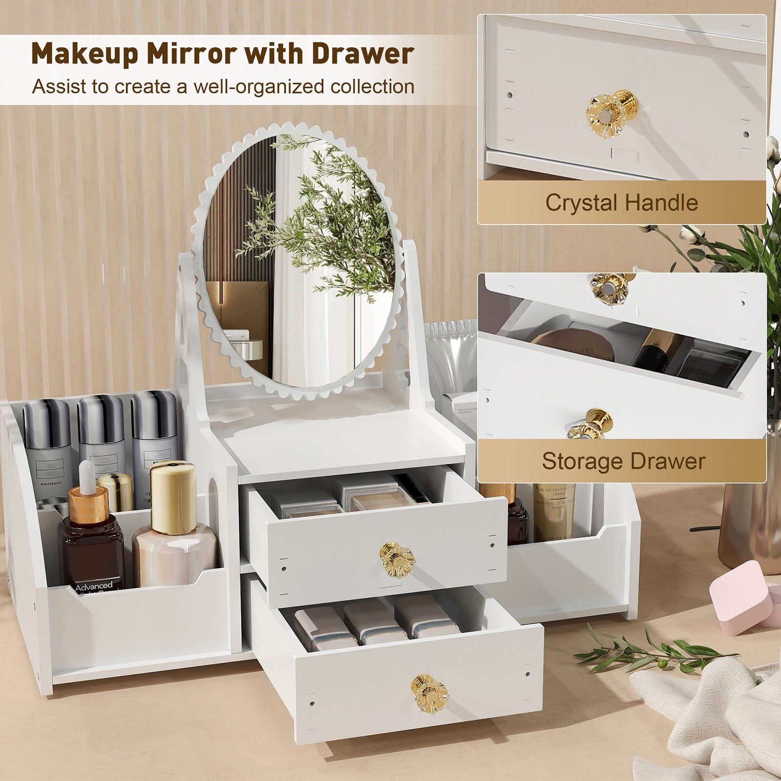 Cosmetics Storage for Vanity with Rotating Mirror, 2 Drawers and 4 Compartments Makeup Storage (Copy) - Bosonshop