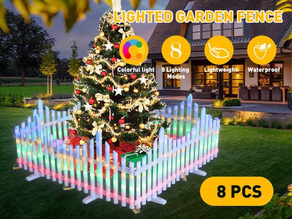 8 PCS Lighted Garden Picket Fence with 8 Inserts & Base - Plug-in LED Lights for Lawn, Patio, Path, Landscape, and Christmas Tree Decoration - Bosonshop