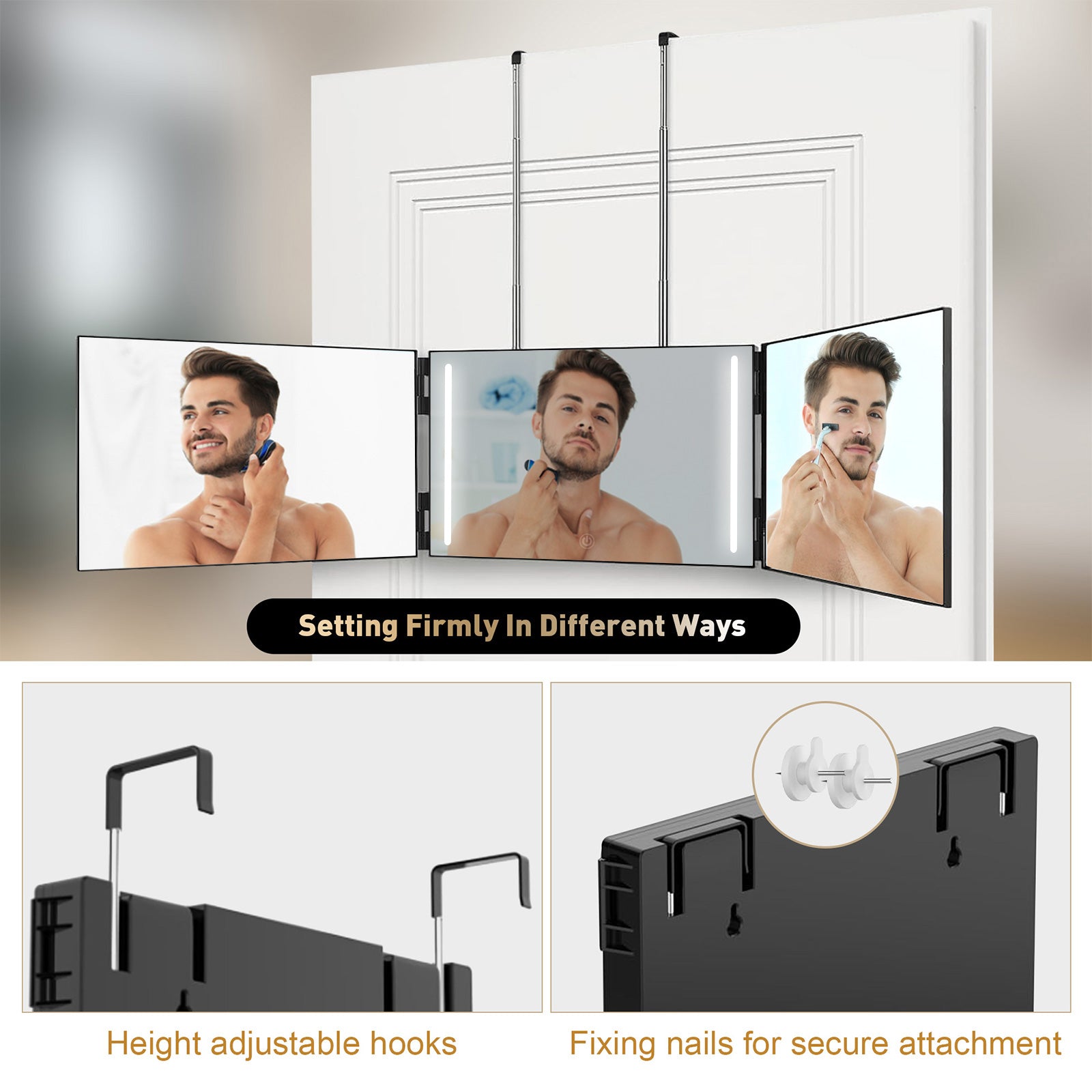 3 Way Mirror with LED Lights for Hair Cutting, 360 Degree Trifold Mirror with Height Adjustable Hooks