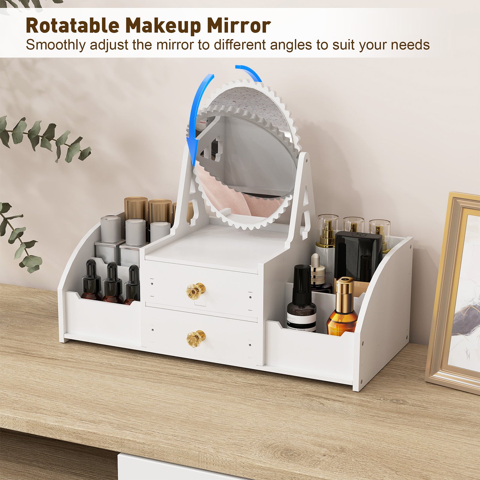 Cosmetics Storage for Vanity with Rotating Mirror, 2 Drawers and 4 Compartments Makeup Storage (Copy) - Bosonshop