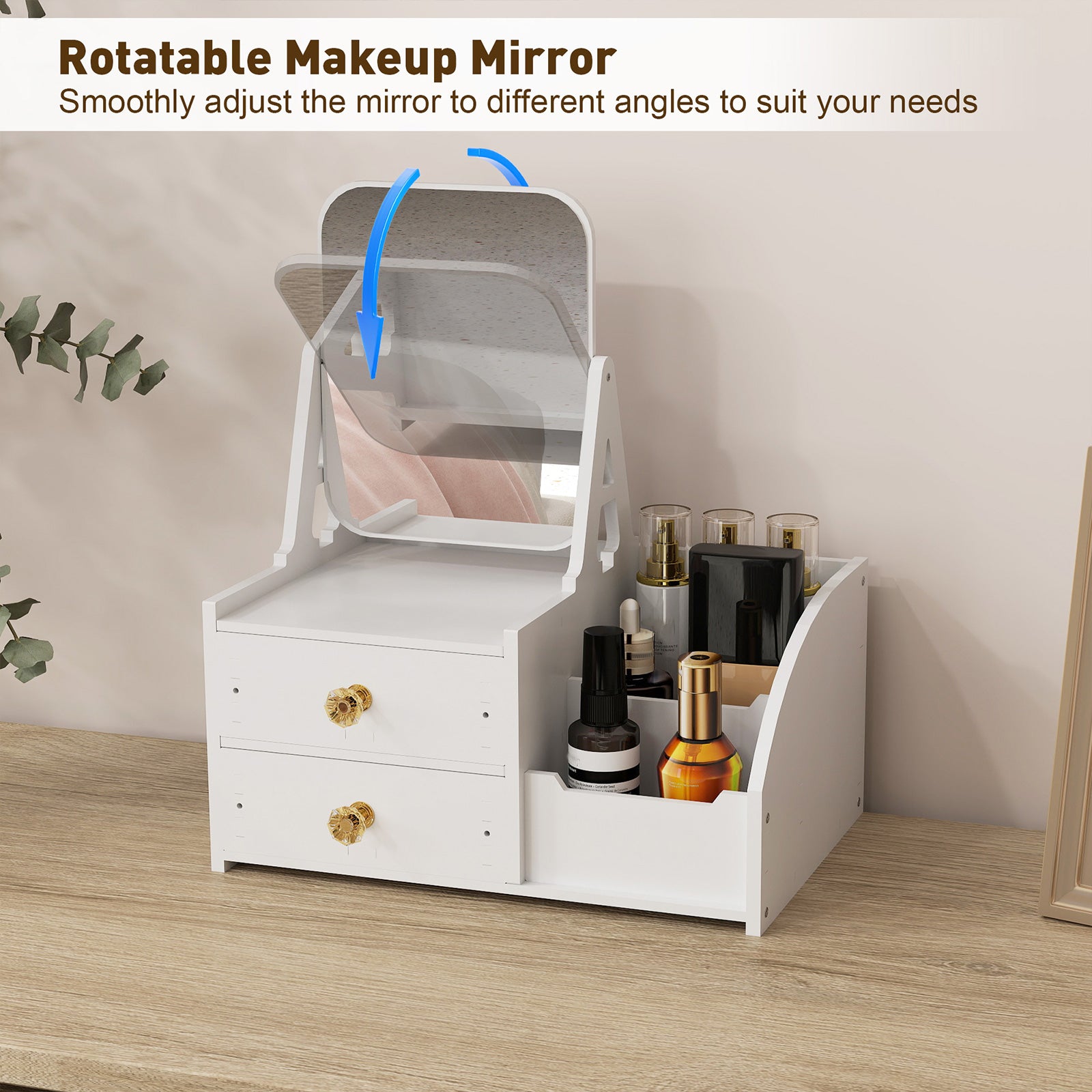 Cosmetics Storage for Vanity with Rotating Mirror, 2 Drawers and Compartment Makeup Storage - Bosonshop