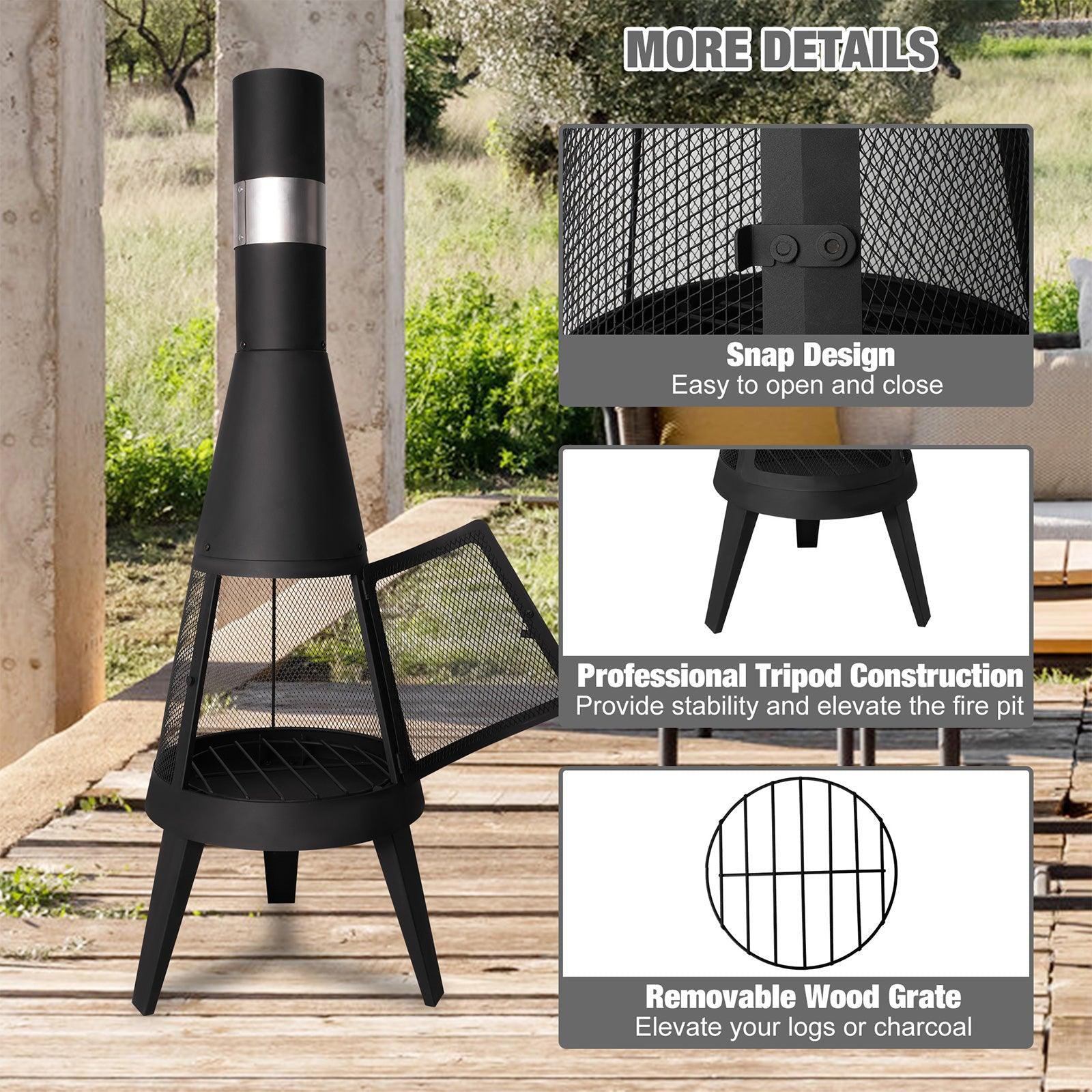 Chiminea Outdoor Fireplace 47.6" Metal Wood Burning Fire Pit with Log Grate, Black - Bosonshop