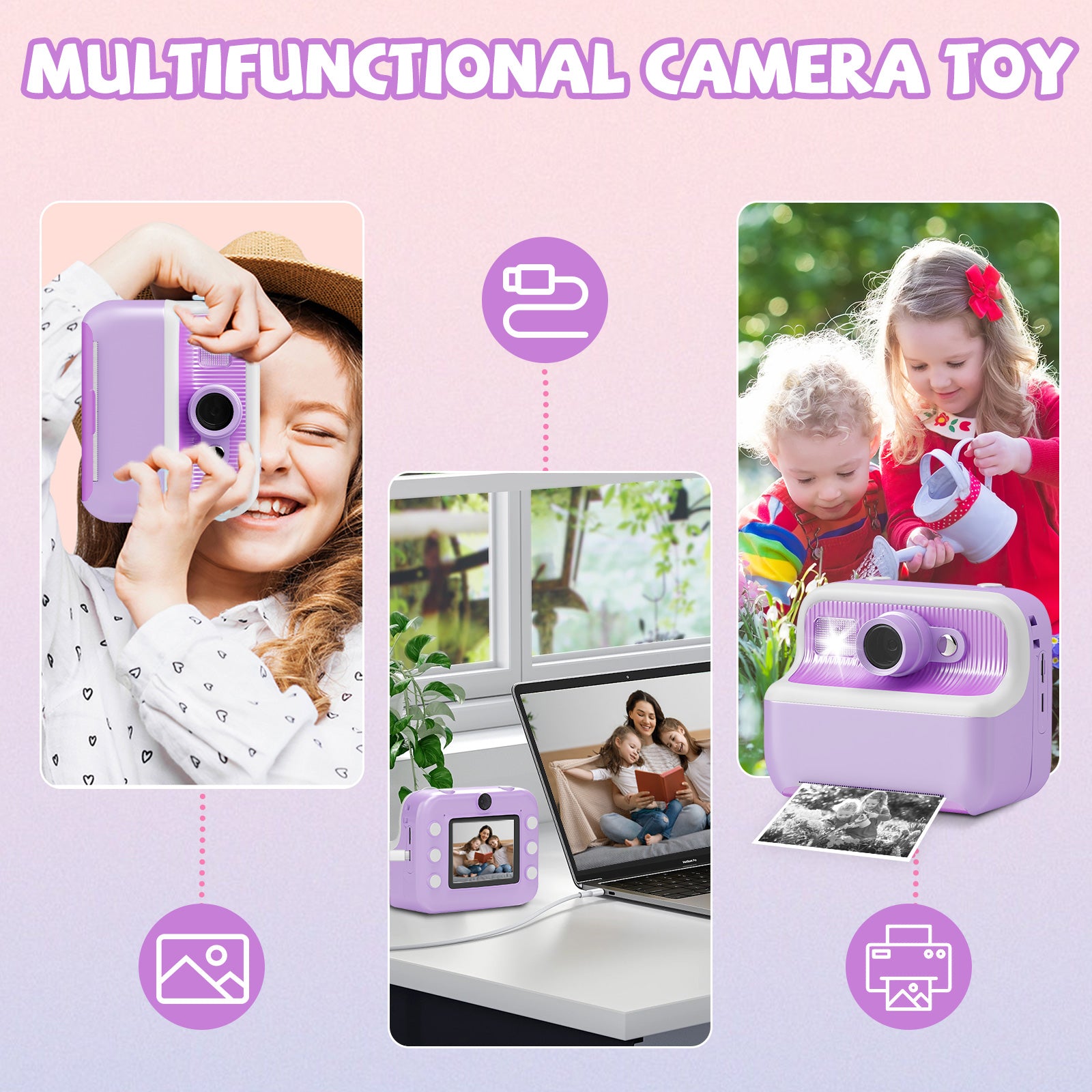 Instant Print Camera for Kids, Dual-Lens 48MP Digital Camera 2.4 Inch Screen with 3 Rolls Paper, Purple - Bosonshop