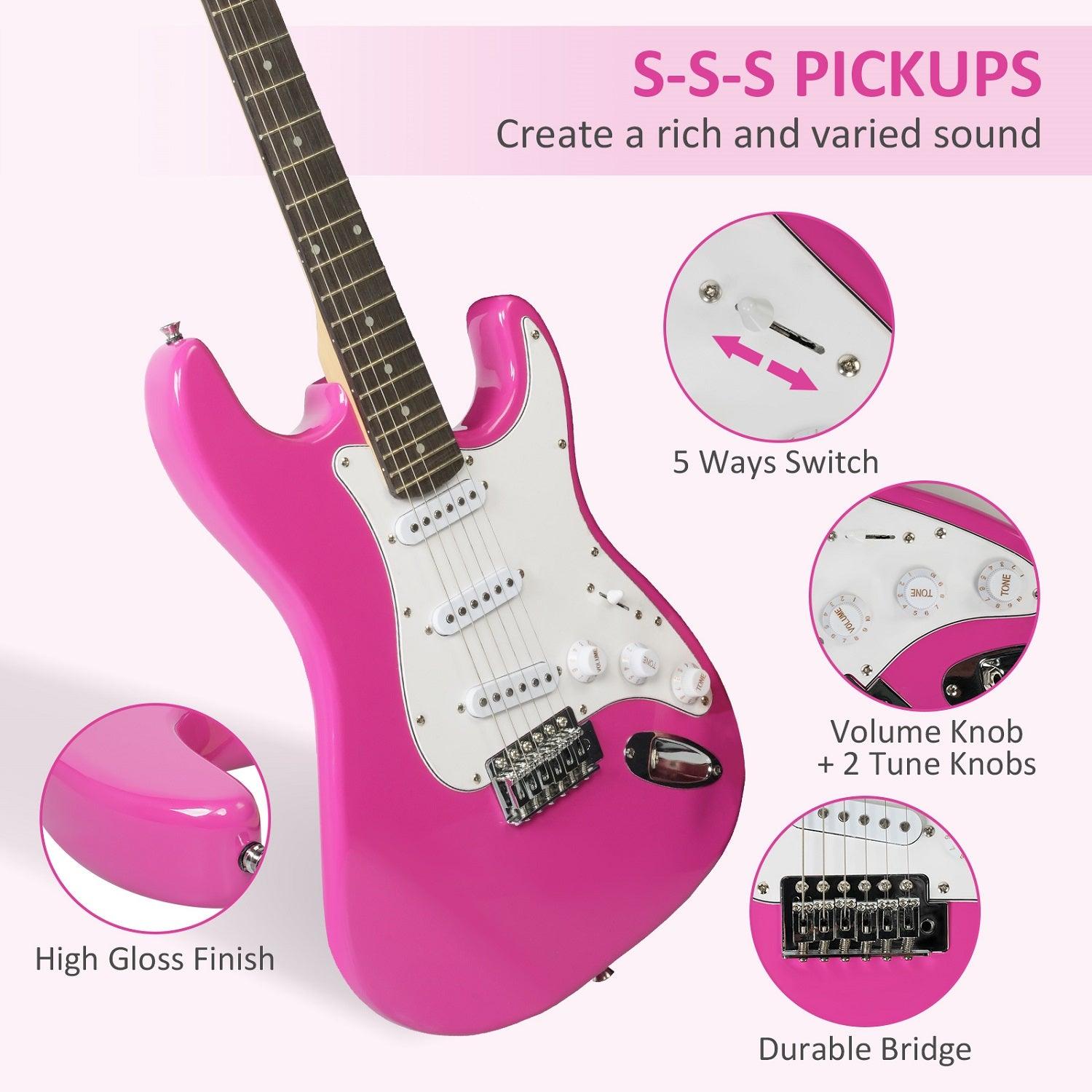 Entry Level Electric Guitar Set, 39" Teenage Electric Guitar w/ 15W Amplifier, Carrier Bag, Tuner, Strings, Picks, Cable, Pink - Bosonshop