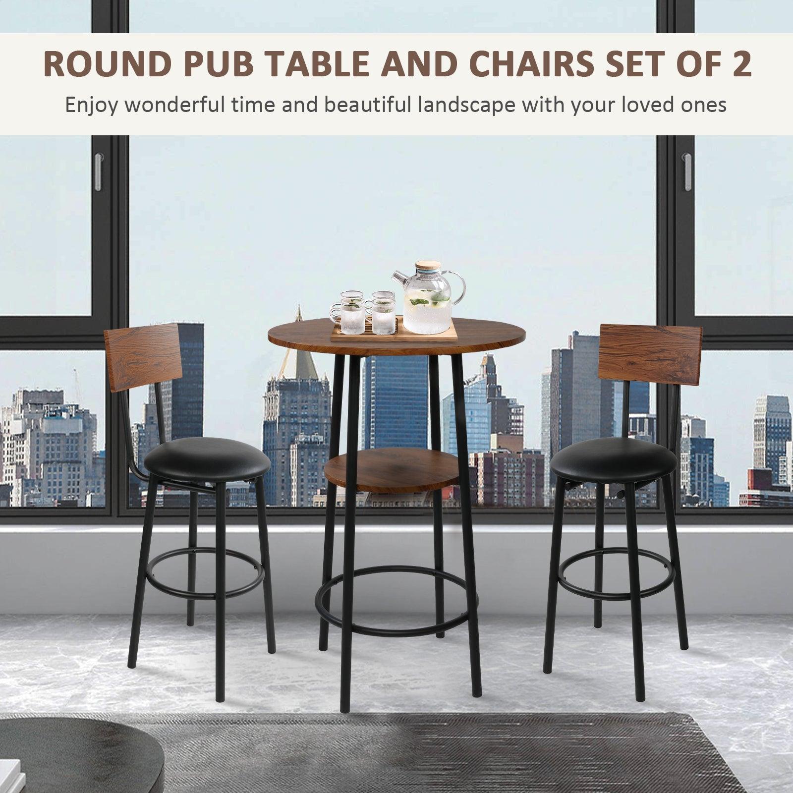 Round Bar Table and Chairs Set, 2-Tier Table and PU Upholstered Stools with Backrest - Bosonshop