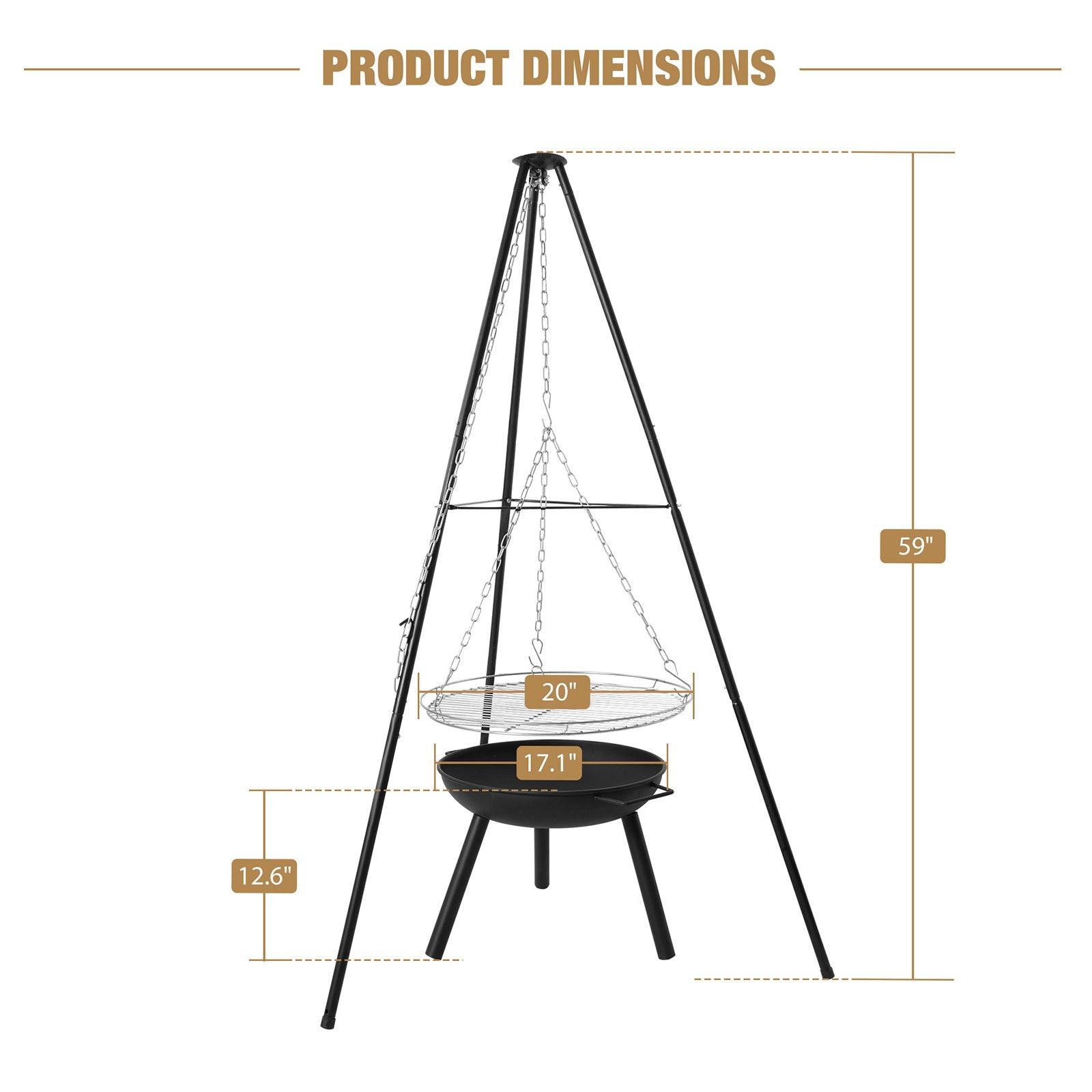 (Out of Stock) Outdoor Height Adjustable Wood Burning Fire Pit Tripod Cooking Grill with Round Grill Grate - Bosonshop