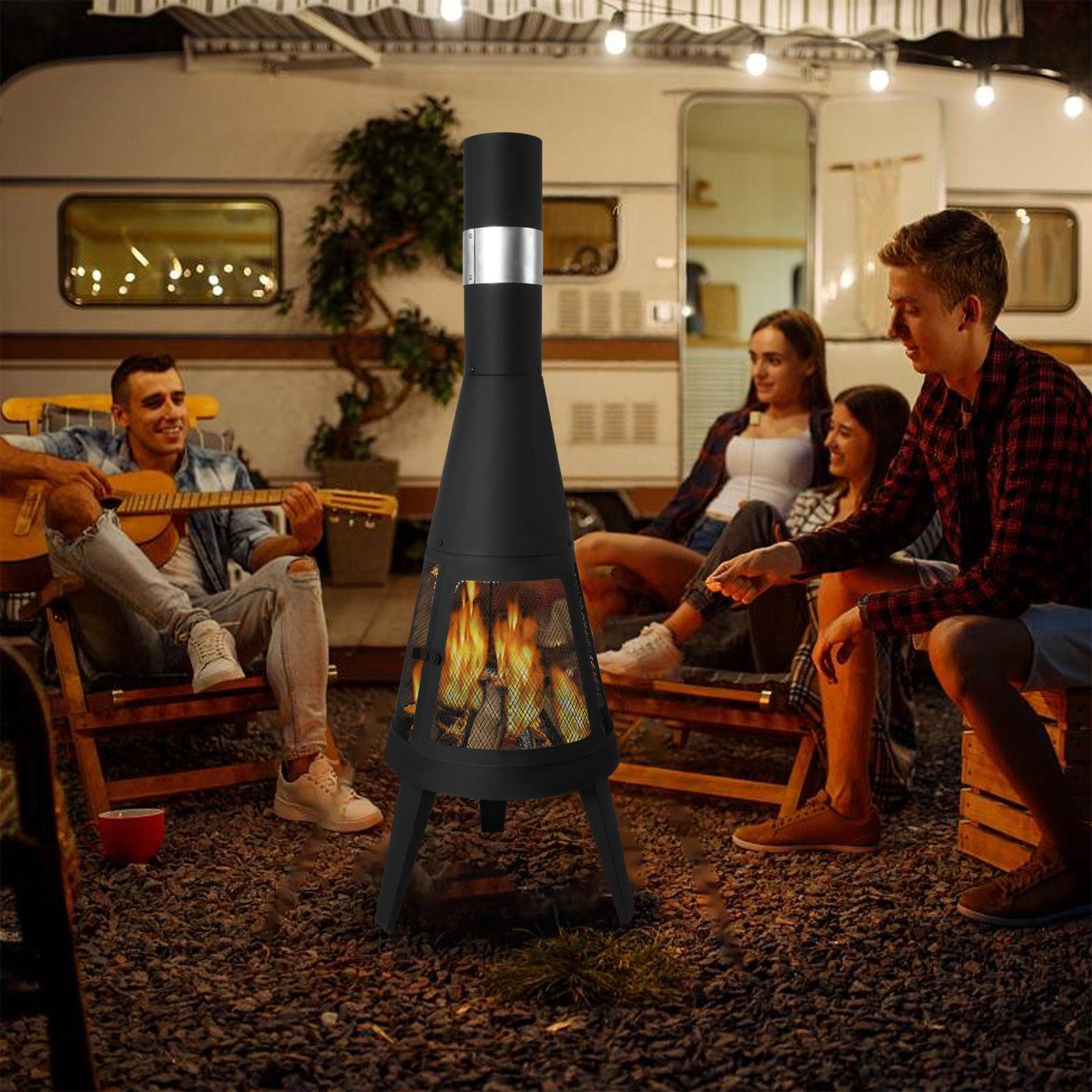 Chiminea Outdoor Fireplace 47.6" Metal Wood Burning Fire Pit with Log Grate, Black - Bosonshop