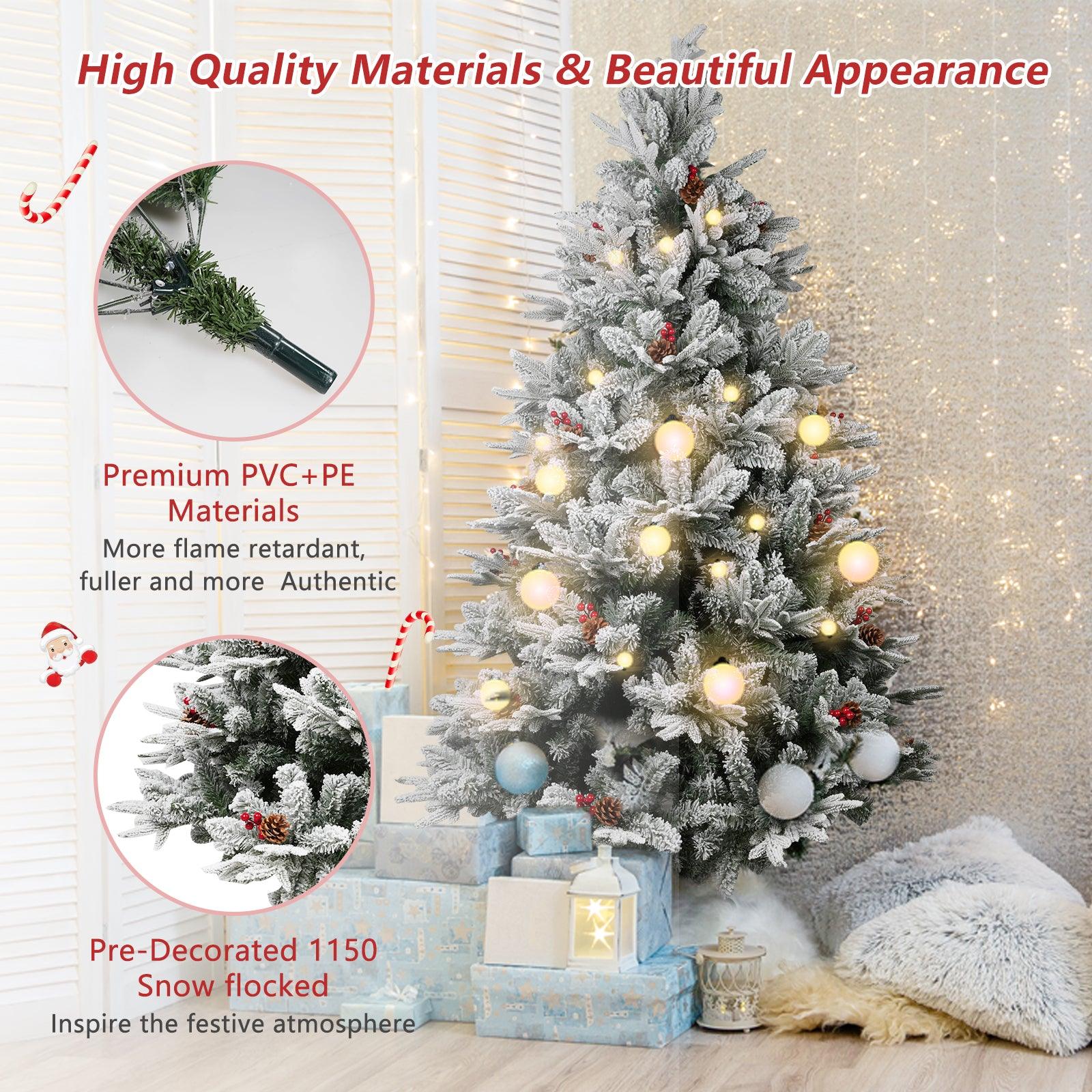 6.9' Artificial Christmas Tree Snow Flocked Xmas Tree with Pine Cones and Red Berries 1150 Branch Tips - Bosonshop