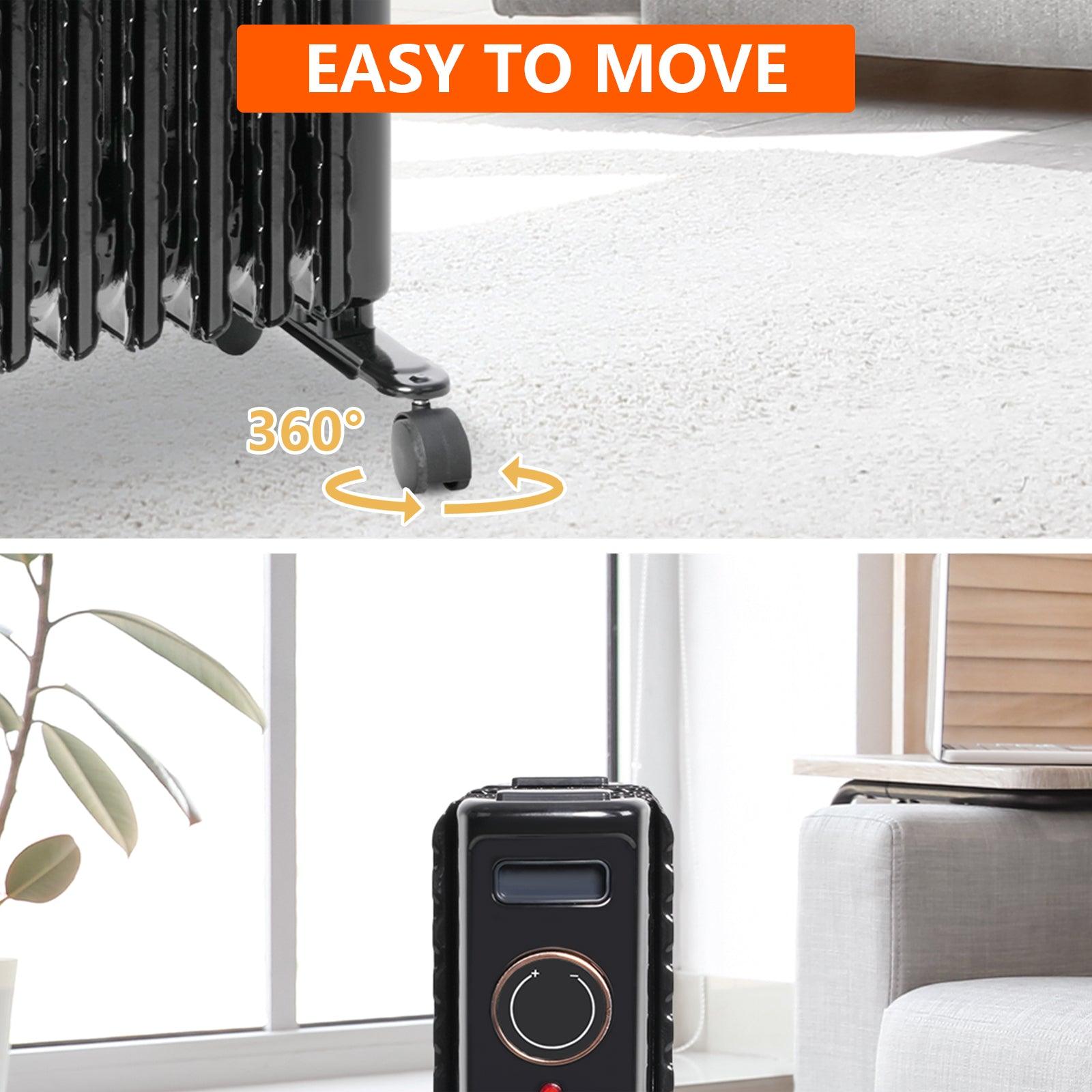 1500W Portable Electric Radiator Oil Filled Heater With 3 Heating Modes, Adjustable Thermostat, Black - Bosonshop