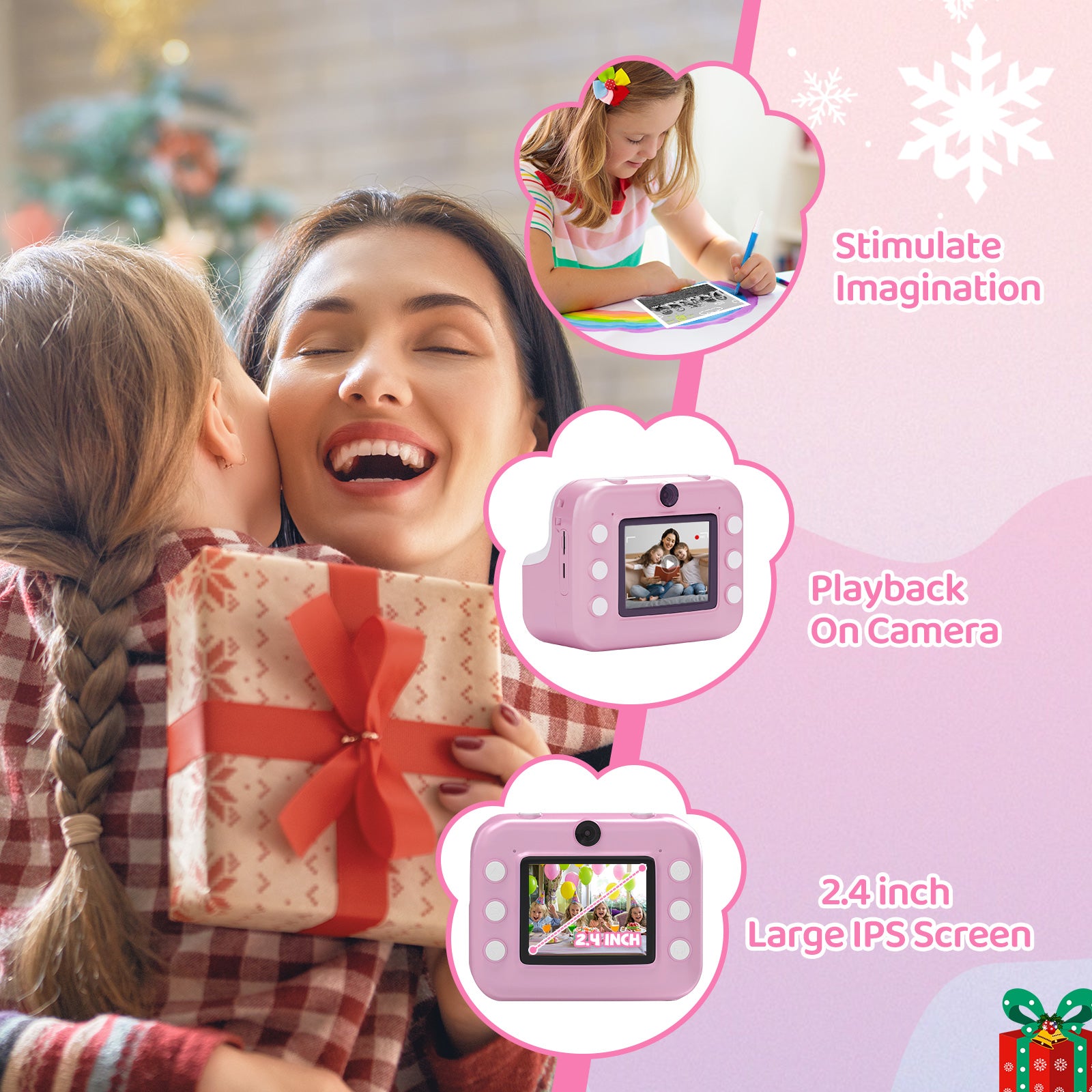 Instant Print Camera for Kids, Dual-Lens 48MP Digital Camera 2.4 Inch Screen with 3 Rolls Paper, Pink - Bosonshop