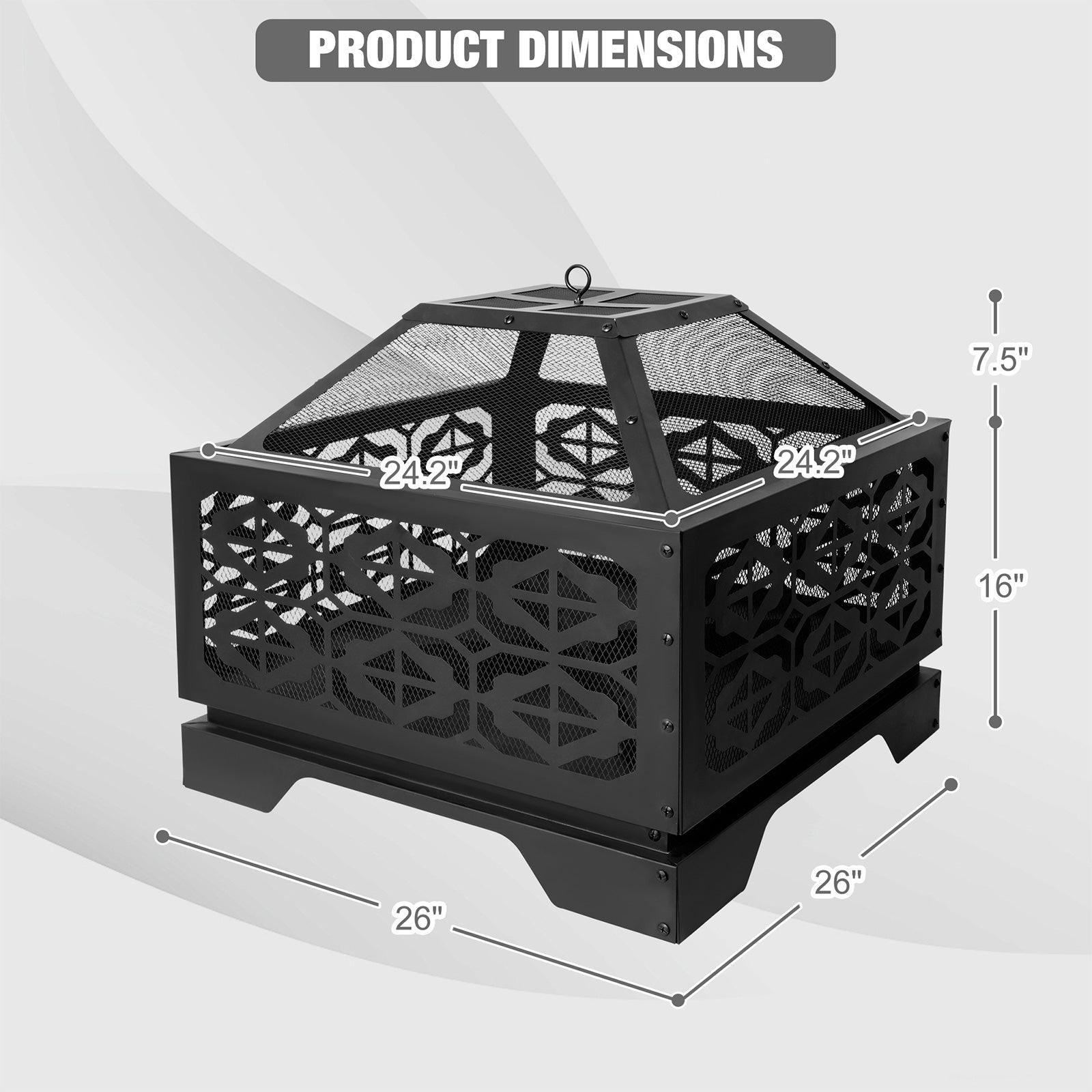 Square Outdoor Wood Burning Fire Pit 26" with Steel BBQ Grill, Spark Screen and Poker - Bosonshop