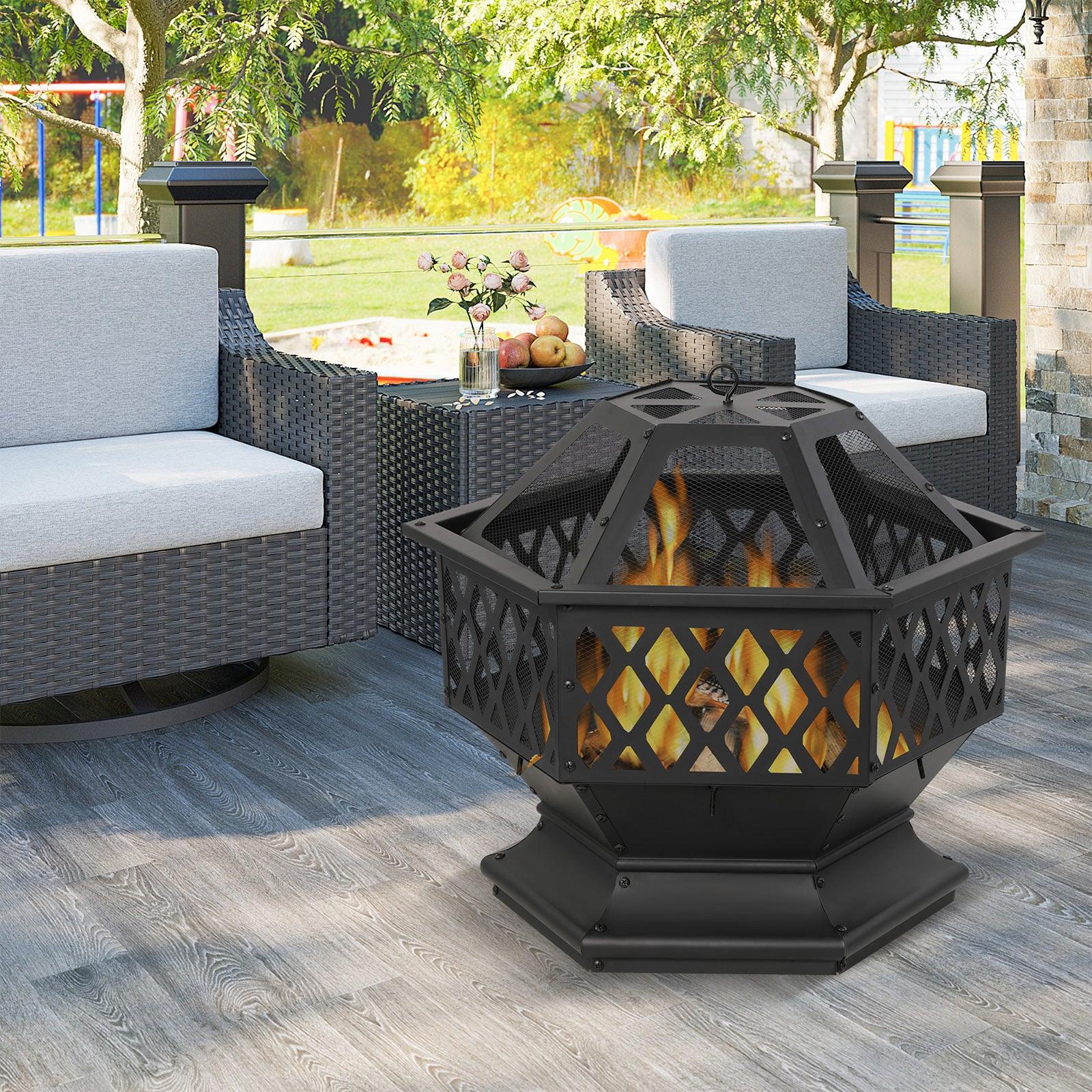 Hex Outdoor Wood Burning Fire Pit 27.6" Patio Fireplace with Spark Screen and Poker - Bosonshop