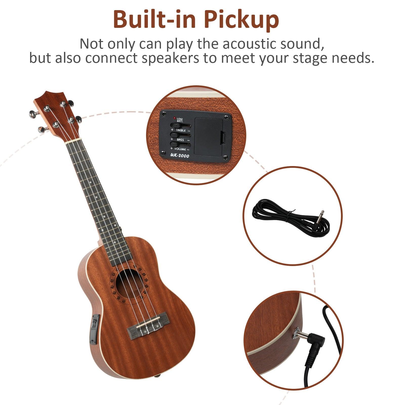 23-inch Mahogany Wood Ukulele, Wooden Electric Ukulele Starter for Adult Practice or Performance, with Tuner Tape and Full Accessories - Bosonshop