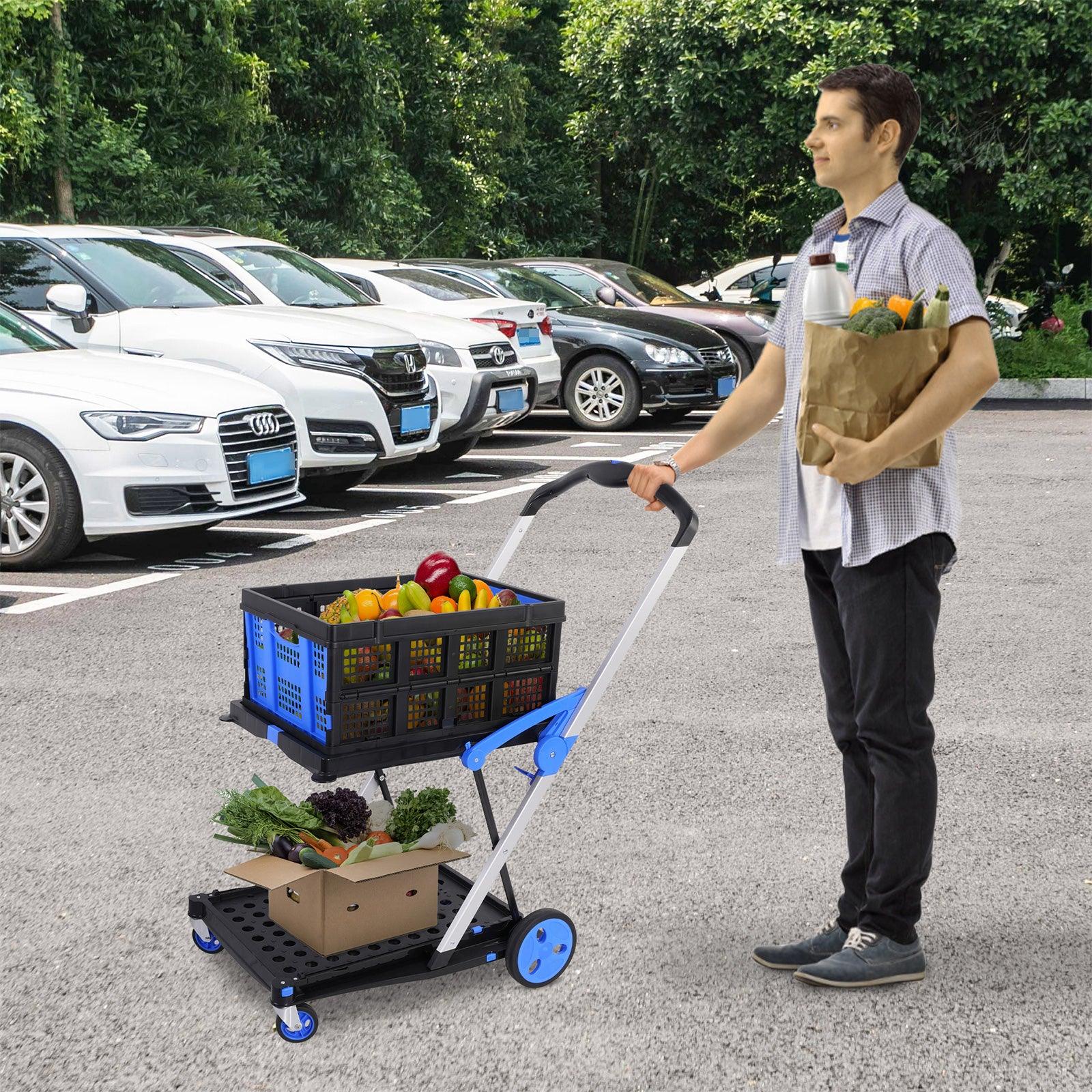 2-Tier Collapsible Cart with Crate Multi-Functional Foldable Trolley with Rolling Swivel Wheels - Bosonshop