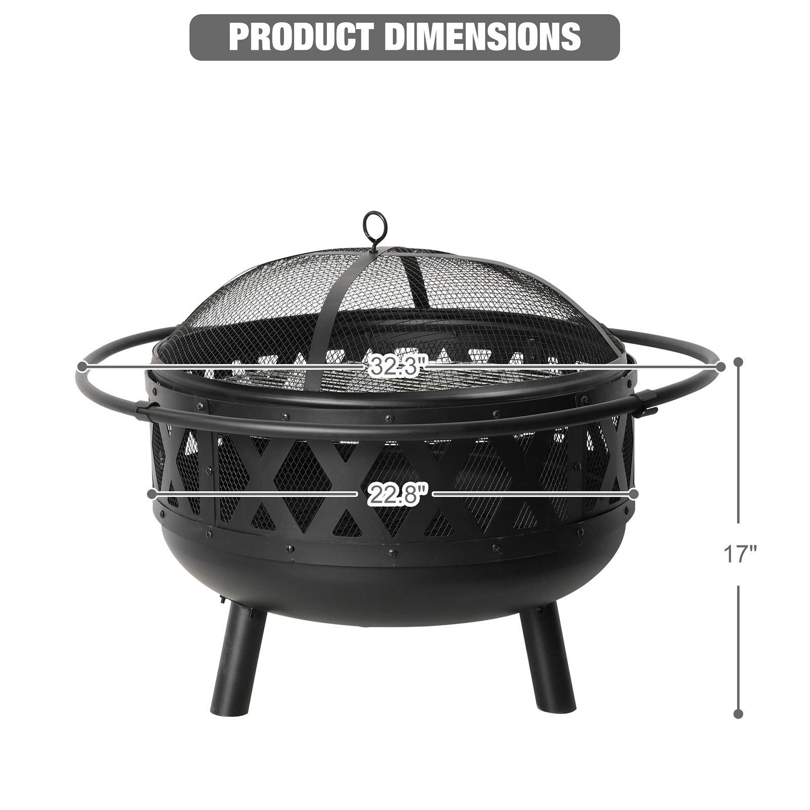 Round Outdoor Wood Burning Fire Pit 22.8" with Steel BBQ Grill, Spark Screen and Poker - Bosonshop