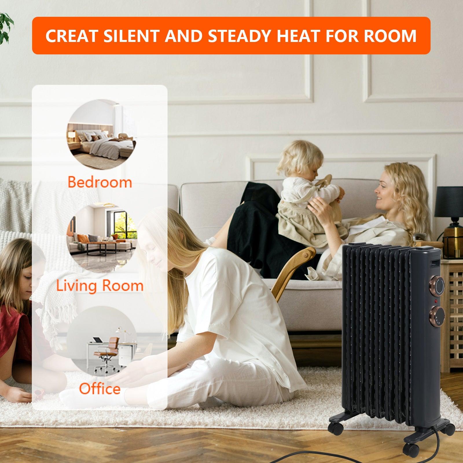 BOSONSHOP 1500W Portable Electric Radiator Oil Filled Heater With 3 Heating Modes, Adjustable Thermostat, Matte Black