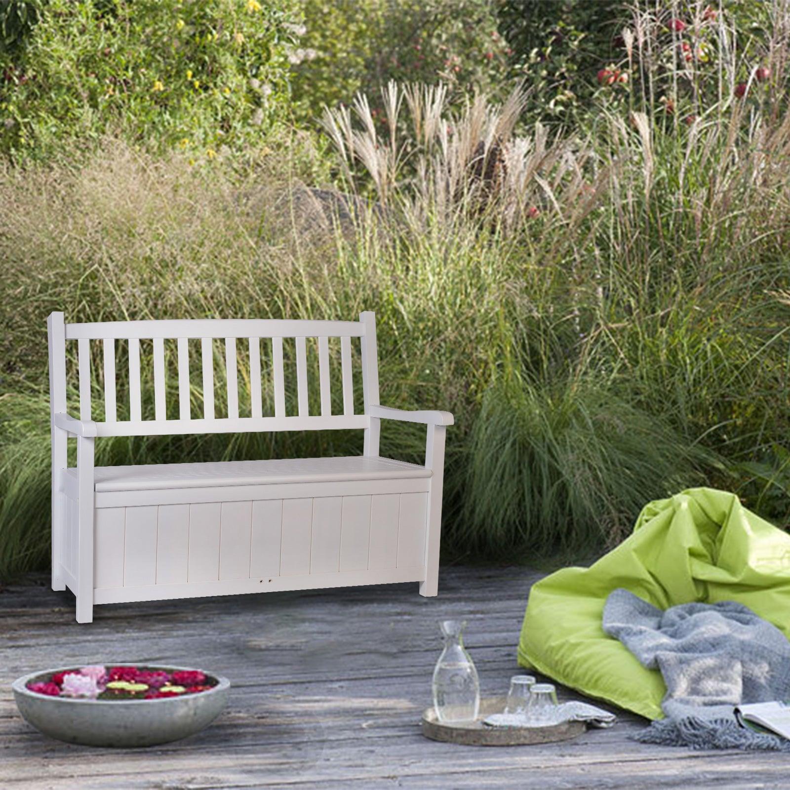 Outdoor Wooden Storage Bench with Large Deck Box for Patio Garden Porch, White - Bosonshop