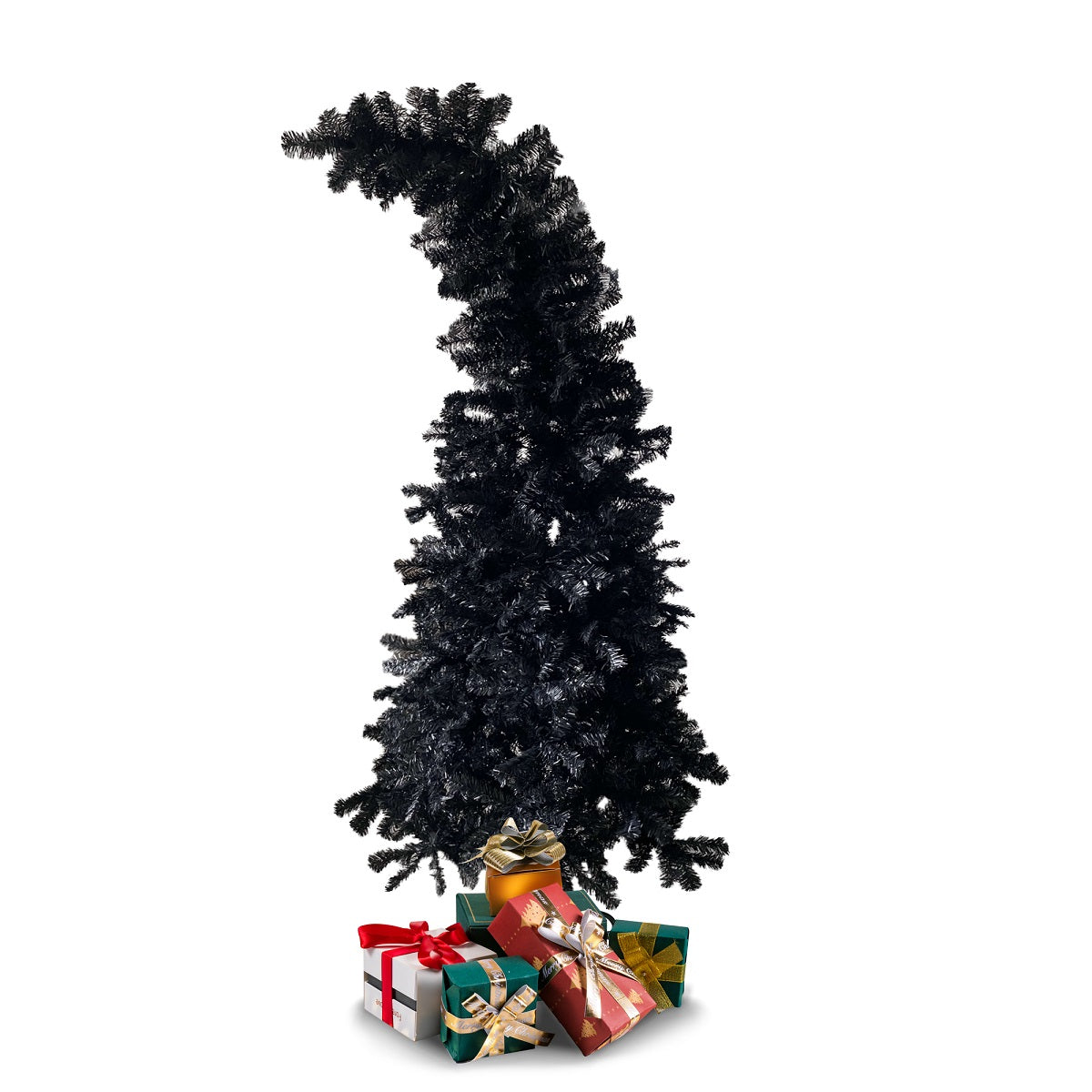 6.9ft Black Bendable Santa Hat Style Halloween Tree Artificial Christmas Tree Xmas, 1050 Branch Tips, Metal Frame - Bosonshop