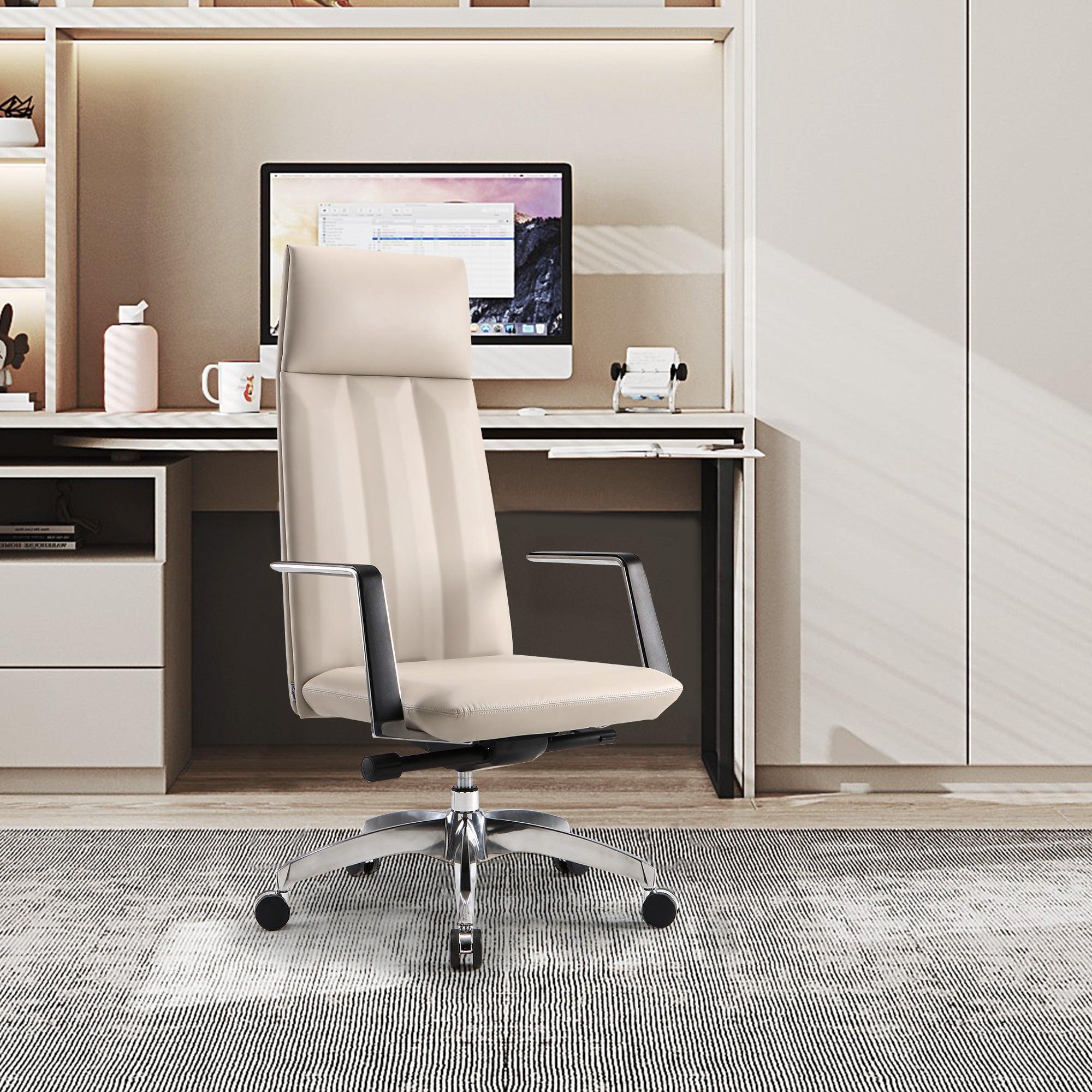 High Back Chair, Ergonomic Leather Office Chair, Office Chair with Adjustable Height and Tilt Function, 360° Swivel, Large Tall Computer Chair, White - Bosonshop