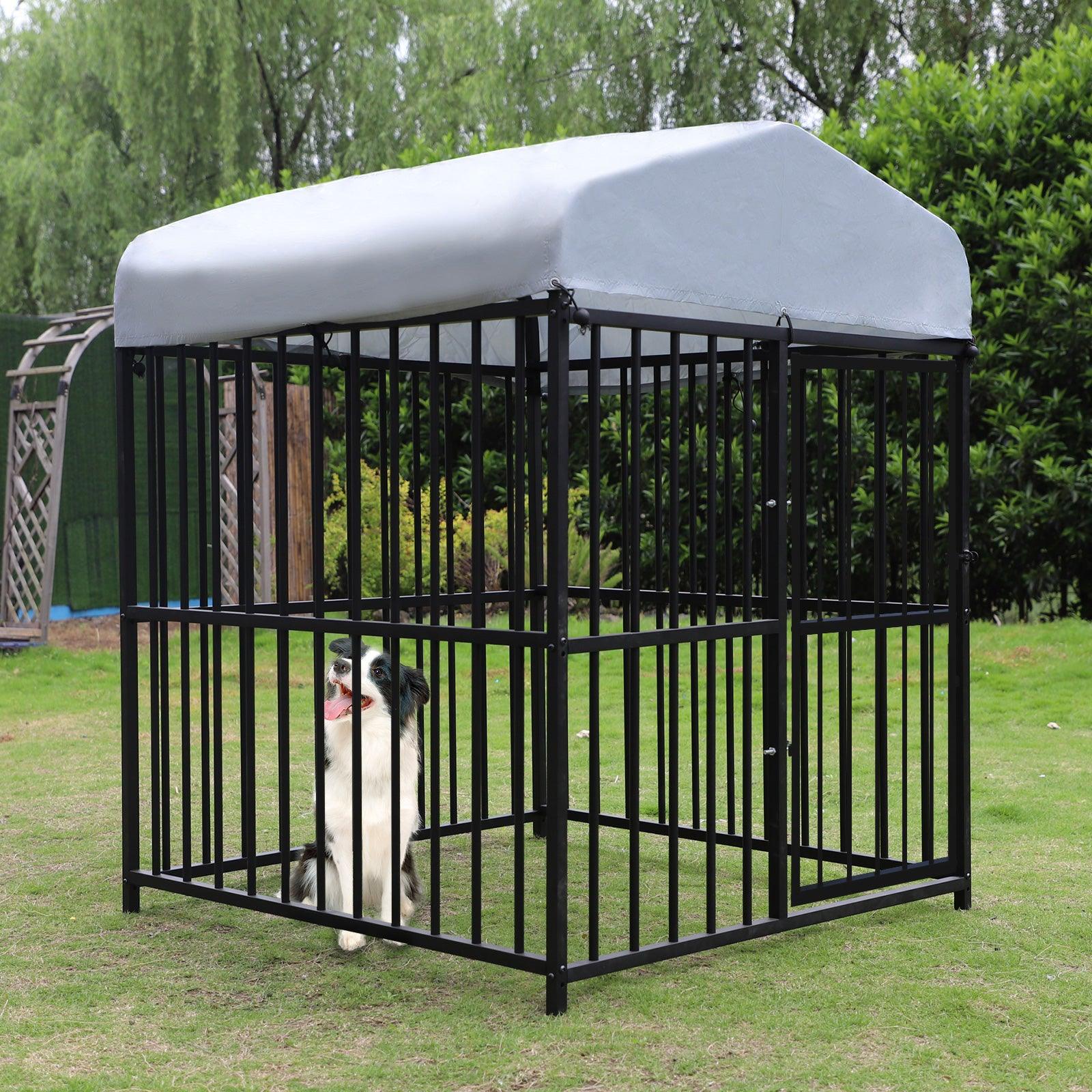 4.9'x4.9'x5.9' Outdoor Medium Wrought Iron Kennel Enclosure, Playpen Pet Kennel with Waterproof UV Resistant Cover and Security Lock, Black - Bosonshop