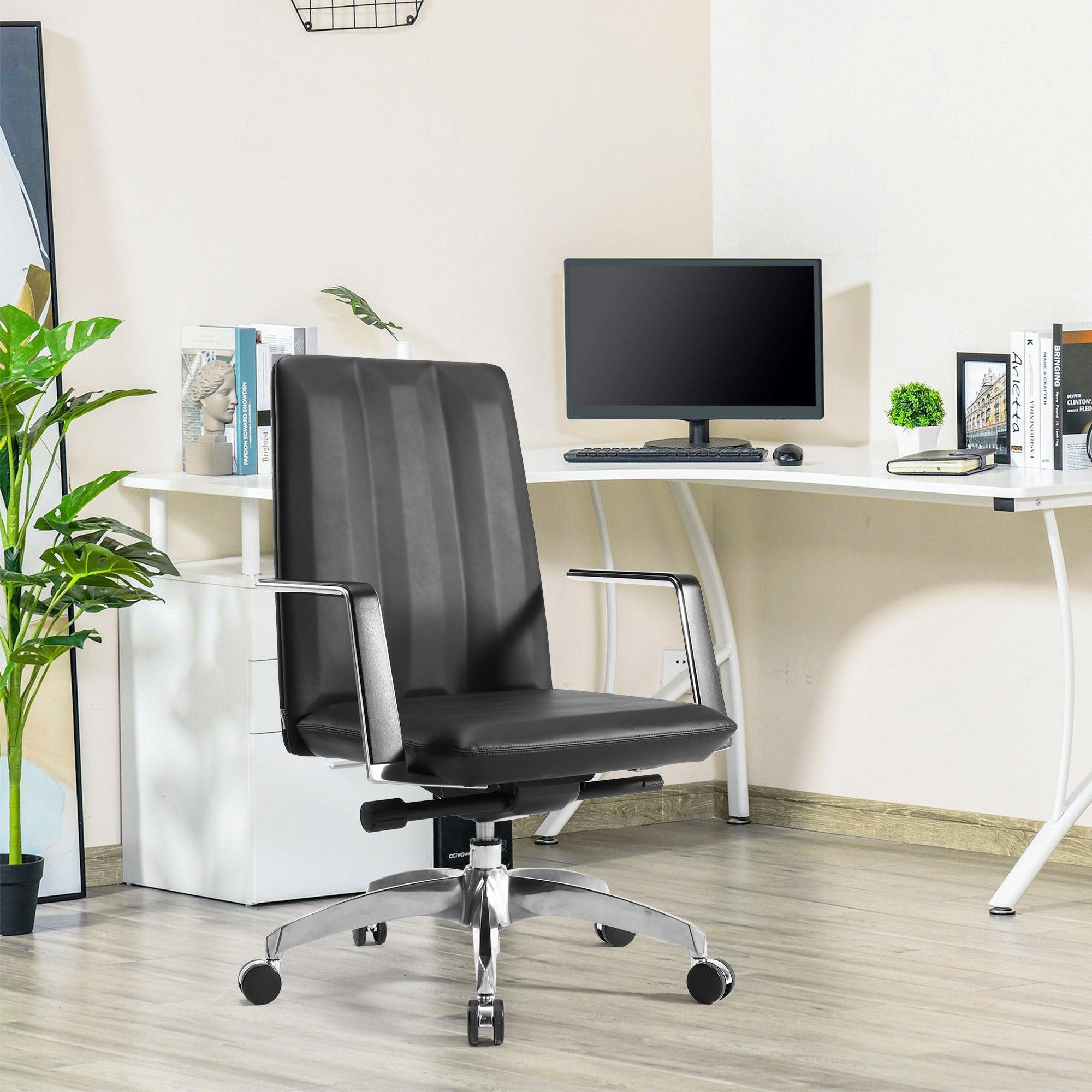 Low Back Chair, Ergonomic Leather Office Chair, Office Chair with Adjustable Height and Tilt Function, 360° Swivel, Large Tall Computer Chair, Black - Bosonshop