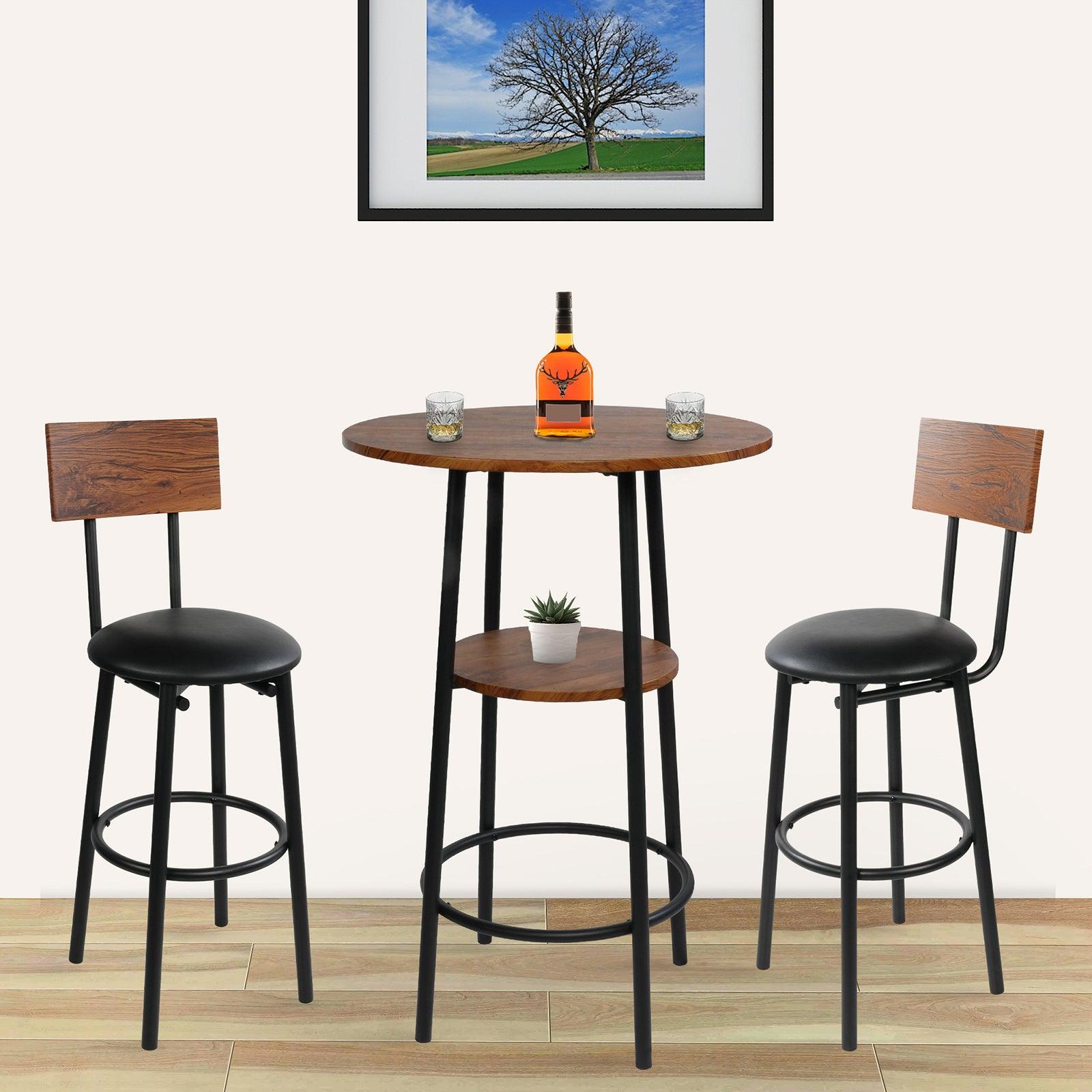 Round Bar Table and Chairs Set, 2-Tier Table and PU Upholstered Stools with Backrest - Bosonshop