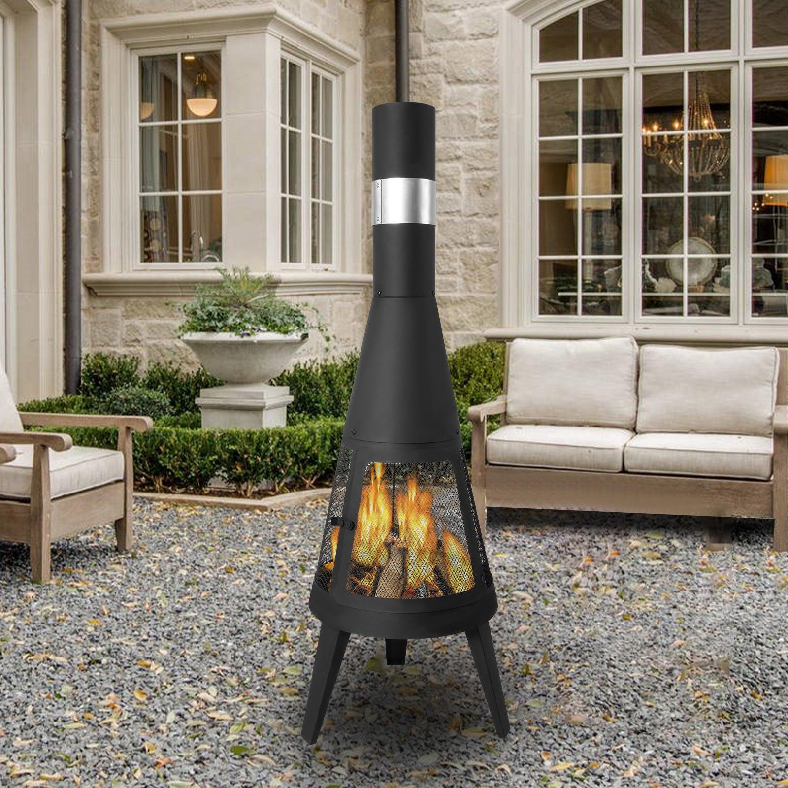 Chiminea Outdoor Fireplace 47.6" Metal Wood Burning Fire Pit with Log Grate, Black - Bosonshop