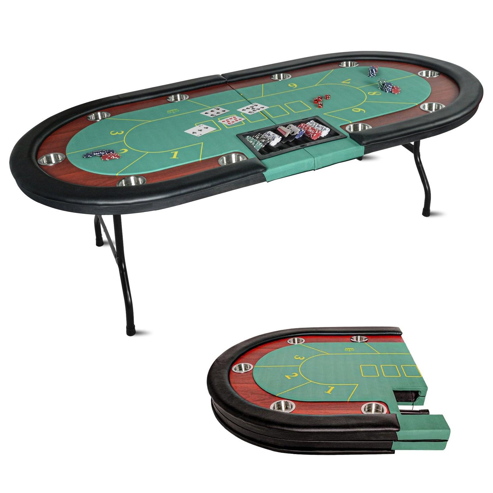 10 Player Oval Folding Poker Table Texas Holdem Poker Table with Stainless Steel Cup Holders, Green - Bosonshop