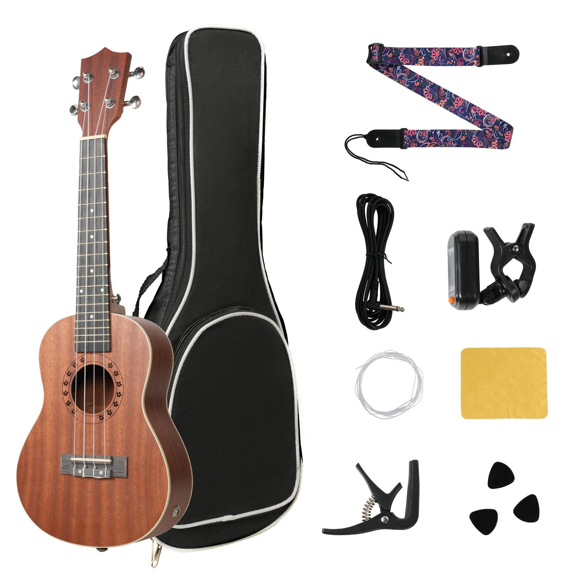 23-inch Mahogany Wood Ukulele, Wooden Electric Ukulele Starter for Adult Practice or Performance, with Tuner Tape and Full Accessories - Bosonshop