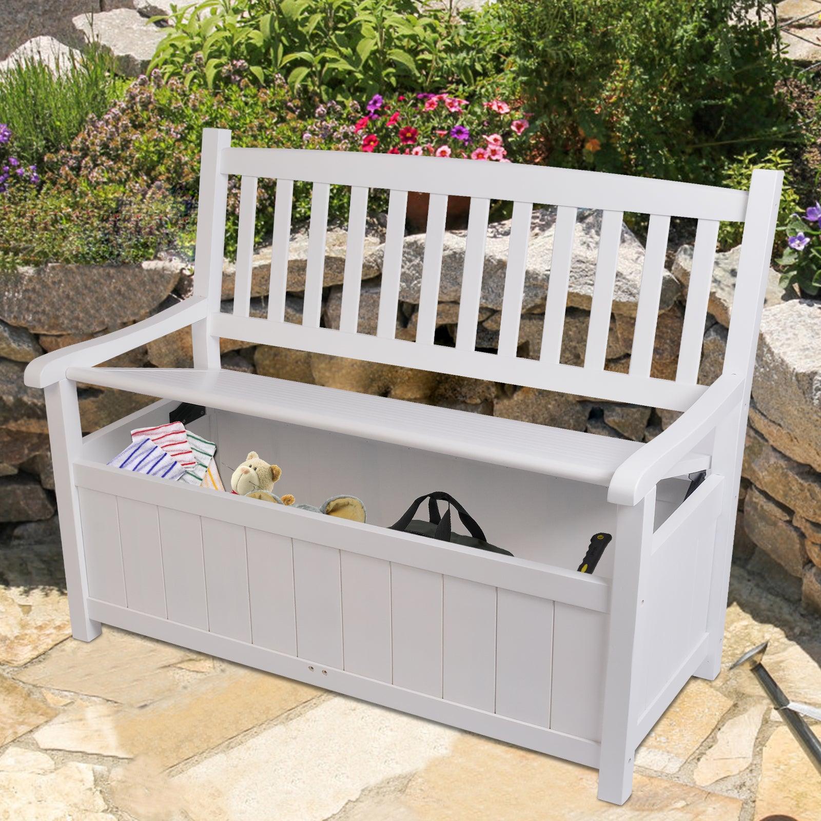 Outdoor Wooden Storage Bench with Large Deck Box for Patio Garden Porch, White - Bosonshop